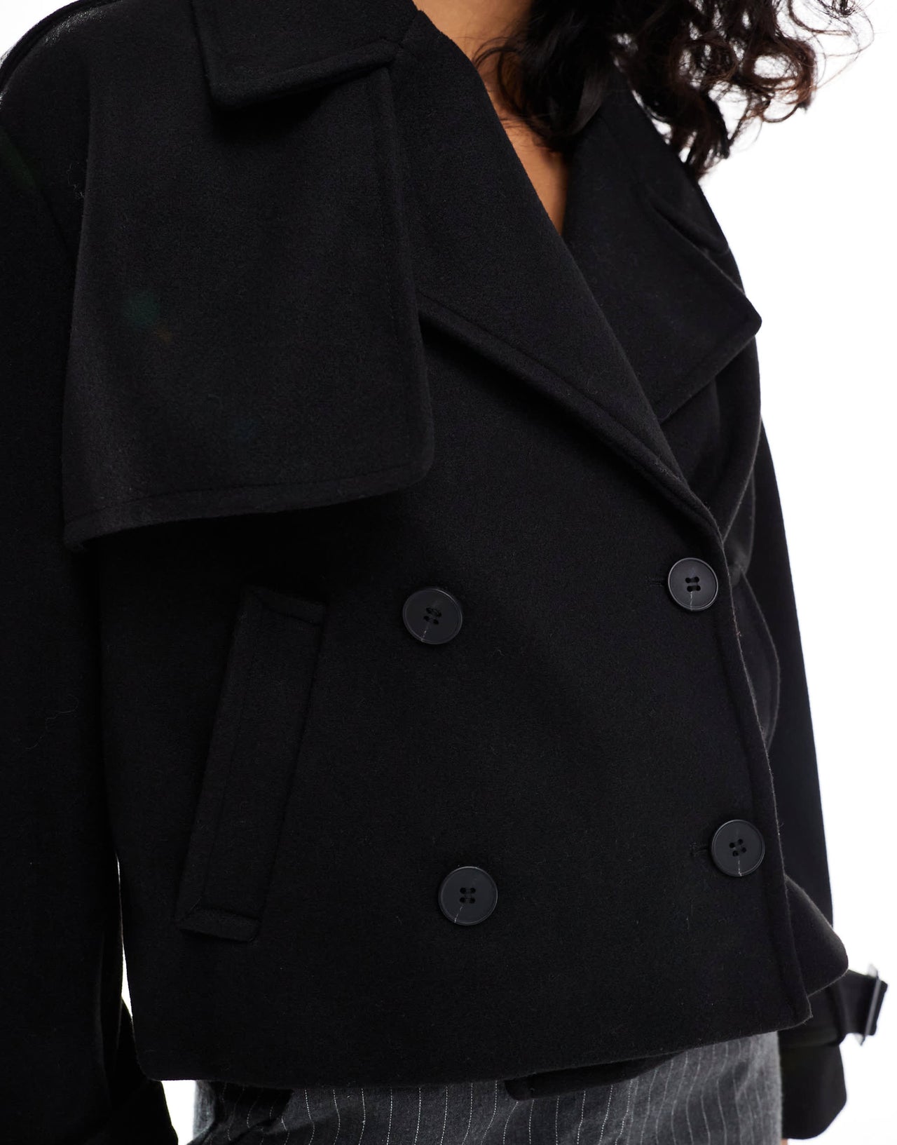 Bershka cropped wool look trench coat in black