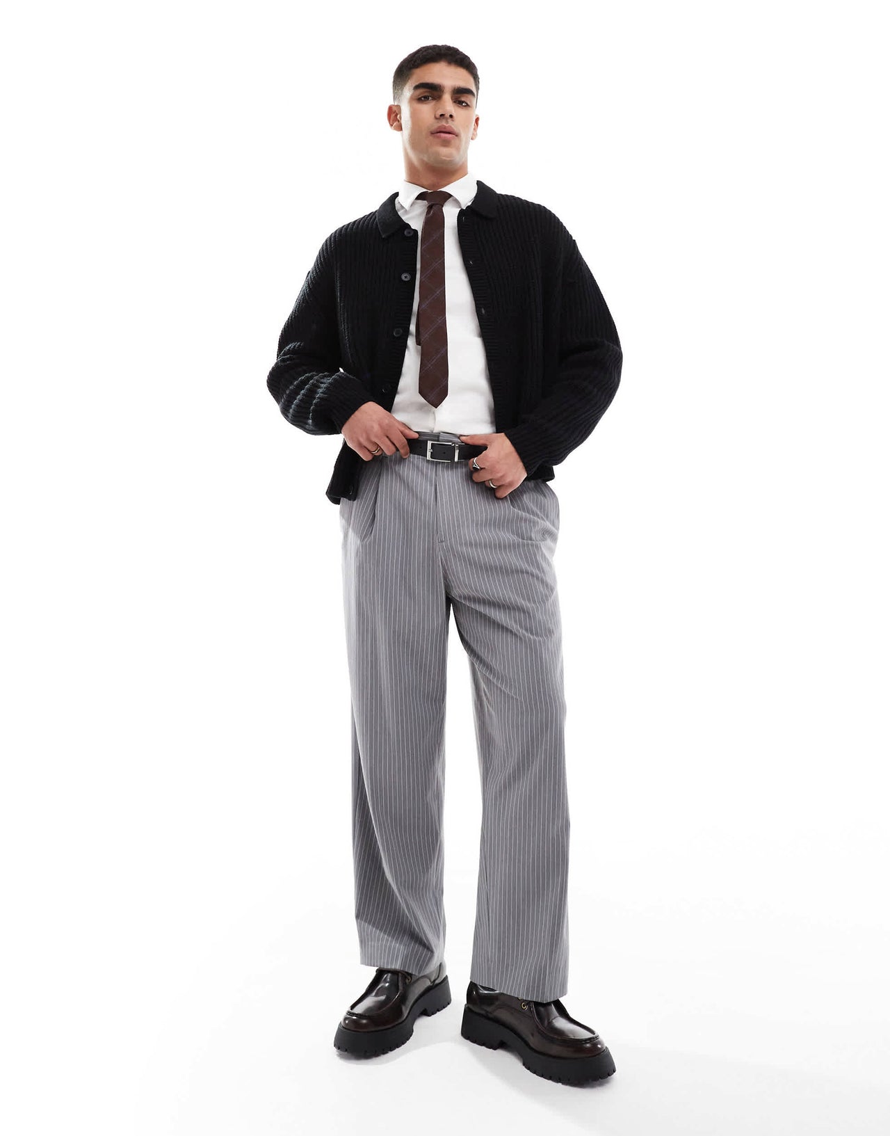 Pull&Bear wide leg tailored stripe trouser in grey