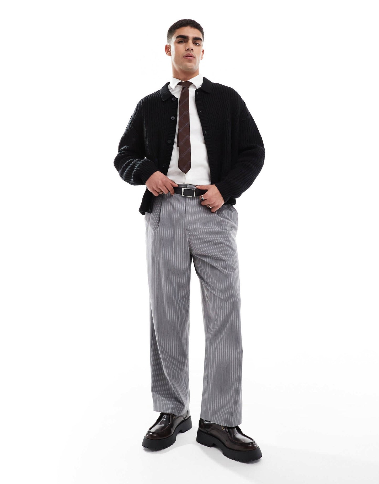 Pull&Bear wide leg tailored stripe trouser in grey