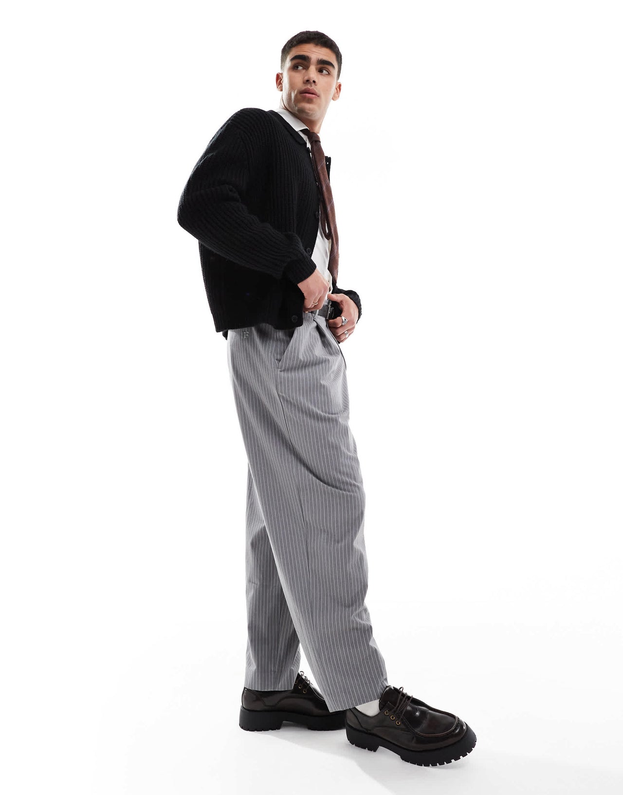 Pull&Bear wide leg tailored stripe trouser in grey