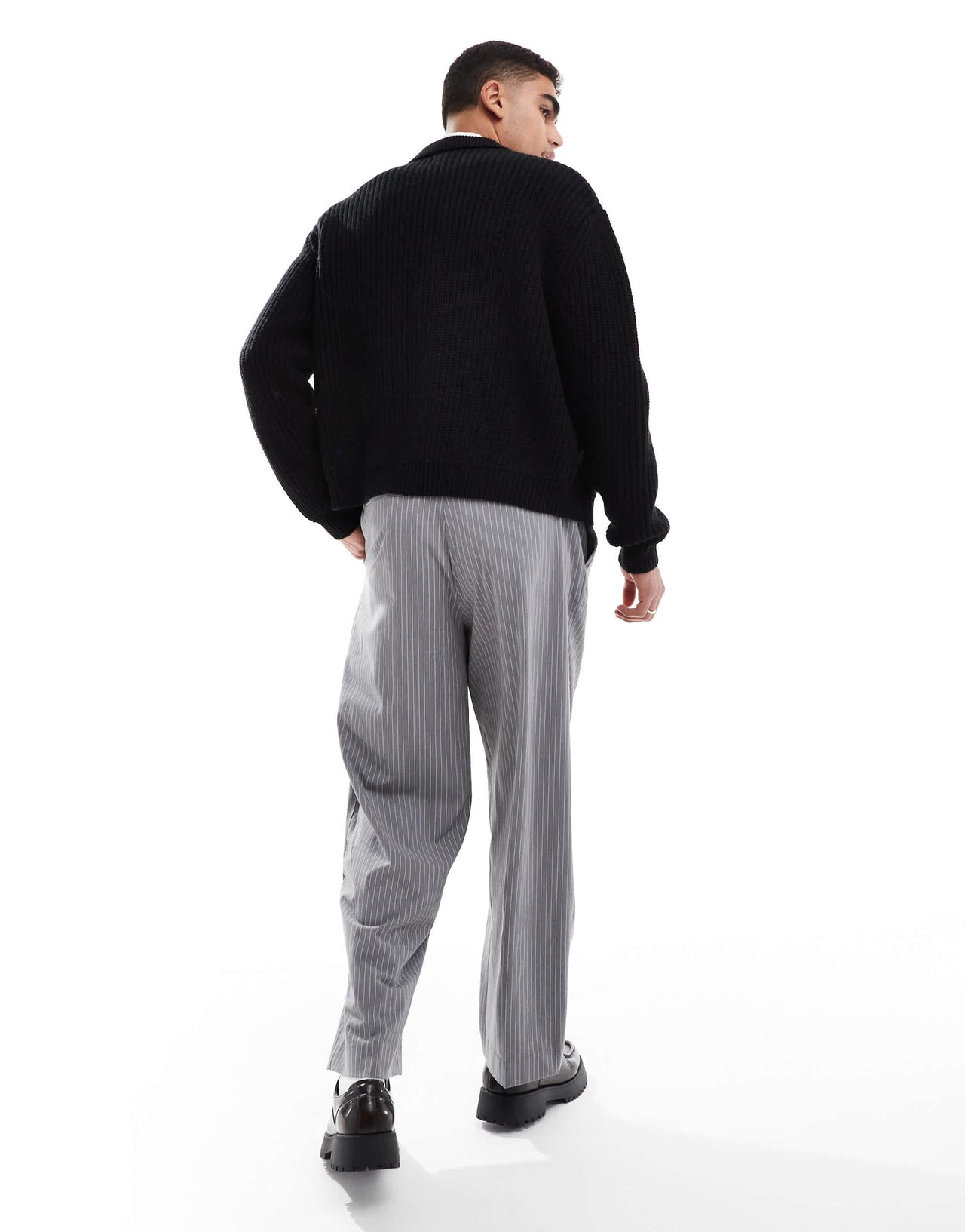 Pull&Bear wide leg tailored stripe trouser in grey