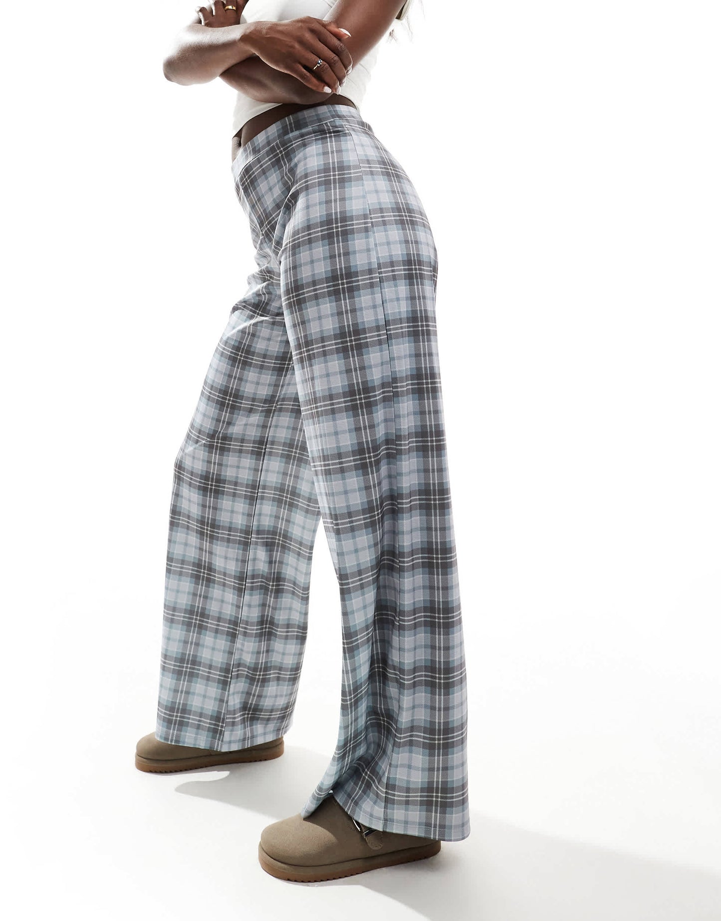 ASOS DESIGN textured wide leg pull on trousers in blue check