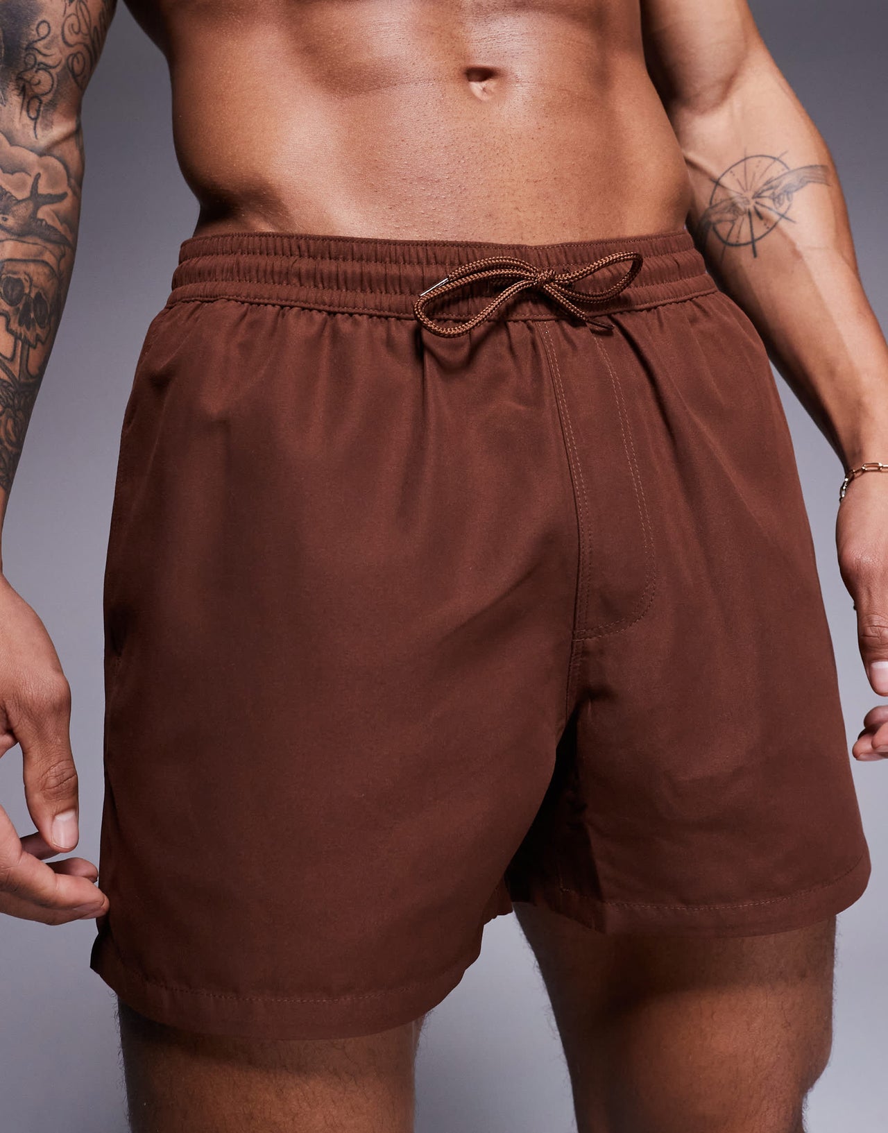 ASOS DESIGN swim shorts in short length in dark brown
