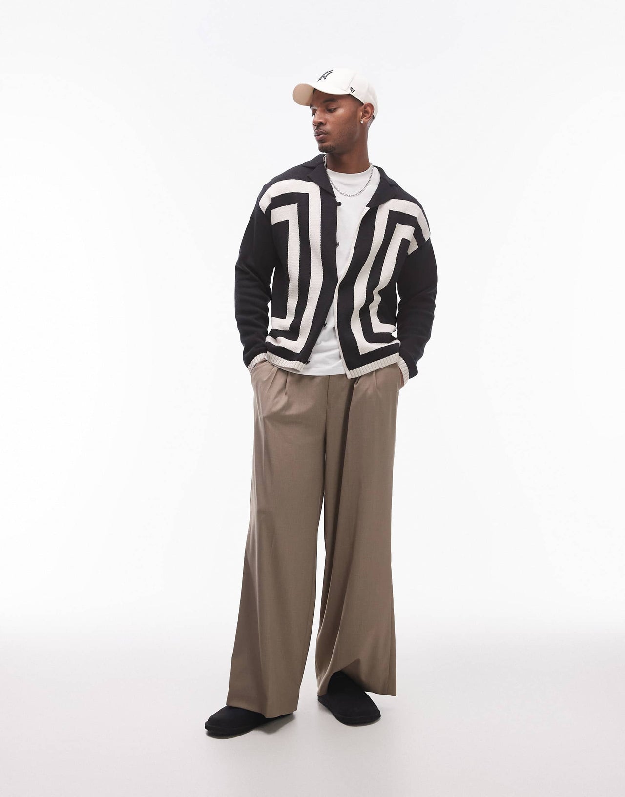 Topman knitted crochet vertical stripe button through long sleeve shirt in black