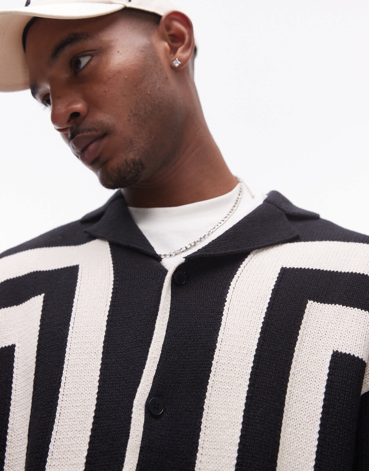 Topman knitted crochet vertical stripe button through long sleeve shirt in black