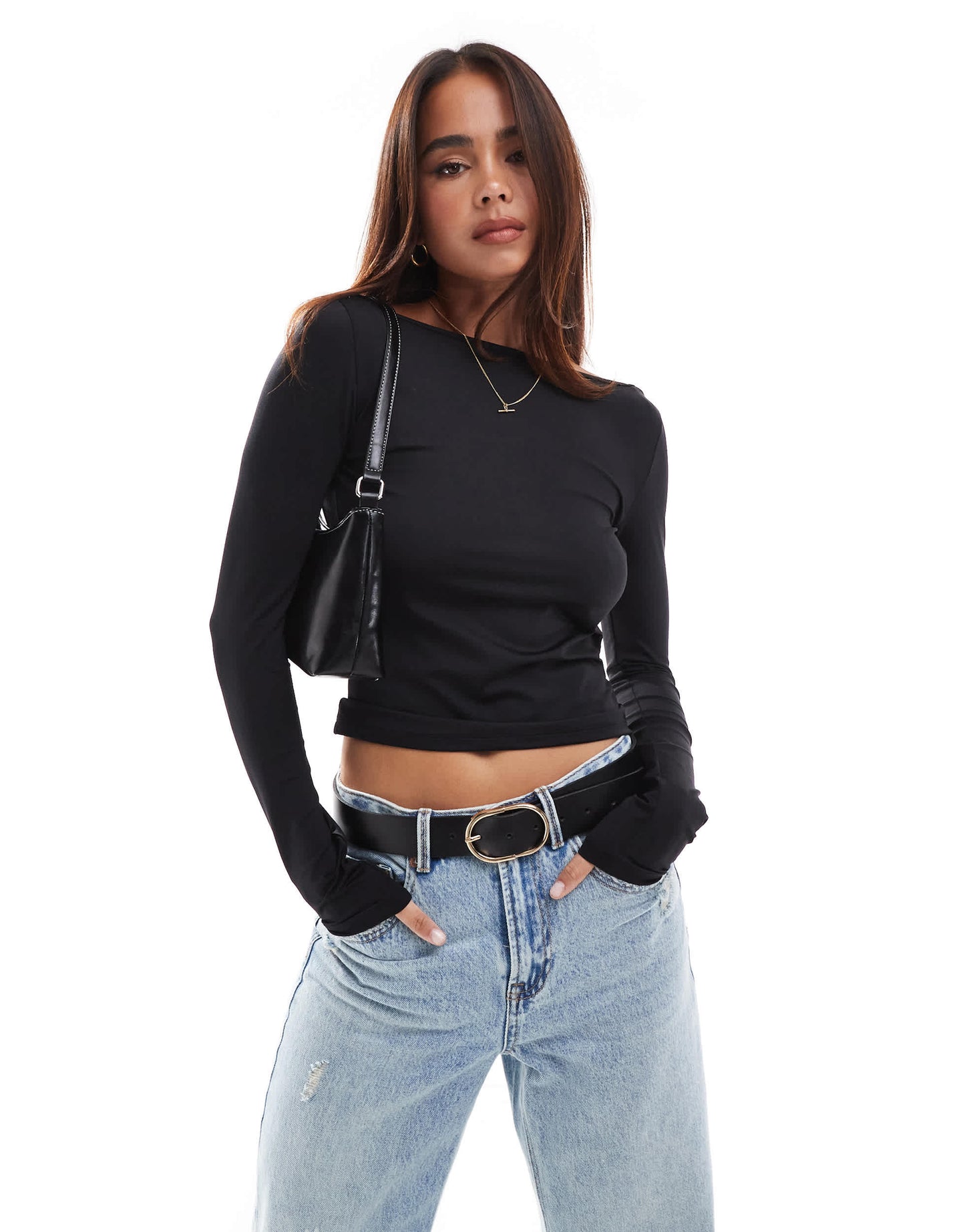 Stradivarius STR sculpt drape back top in black