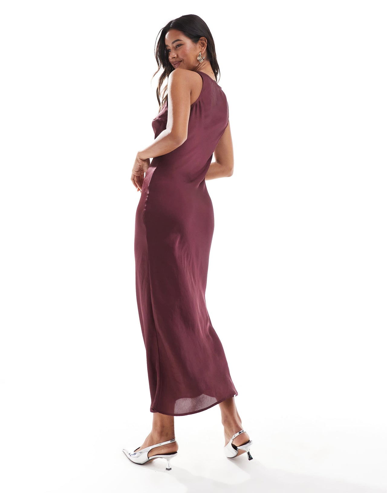 Stradivarius satin midi dress in burgundy