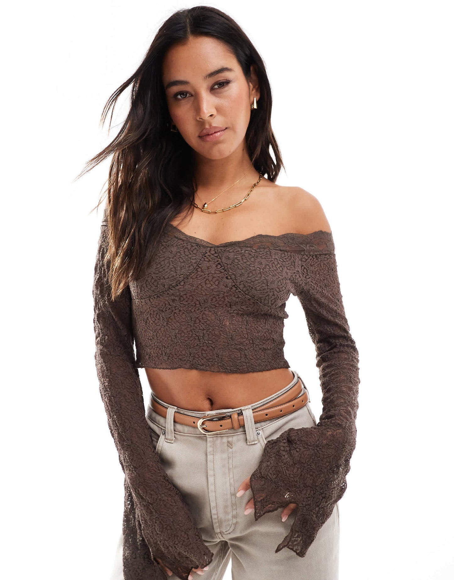 Stradivarius STR off shoulder lace detail top in brown