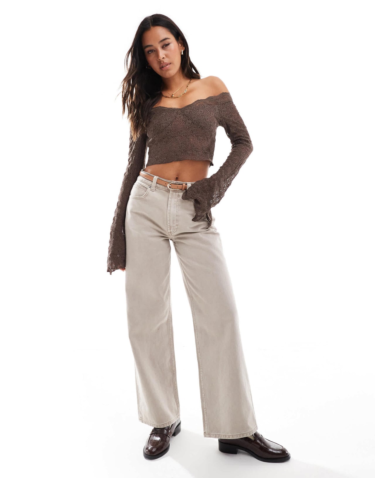 Stradivarius STR off shoulder lace detail top in brown