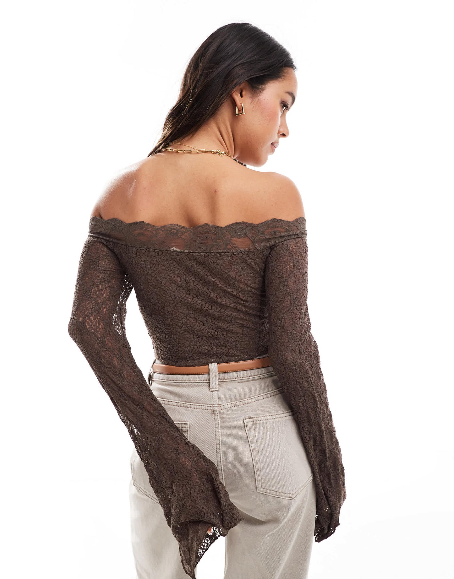 Stradivarius STR off shoulder lace detail top in brown