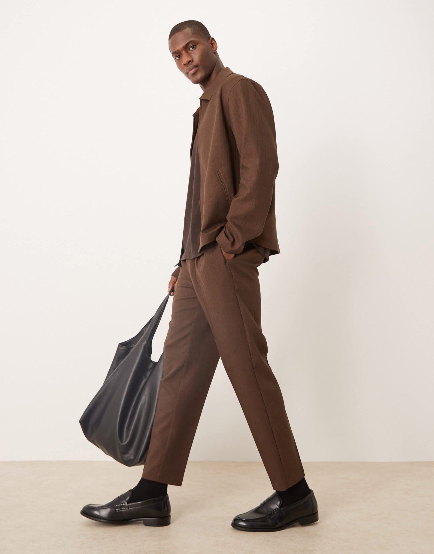 ASOS DESIGN smart co-ord tapered trousers in brown herringbone with elasticated waist
