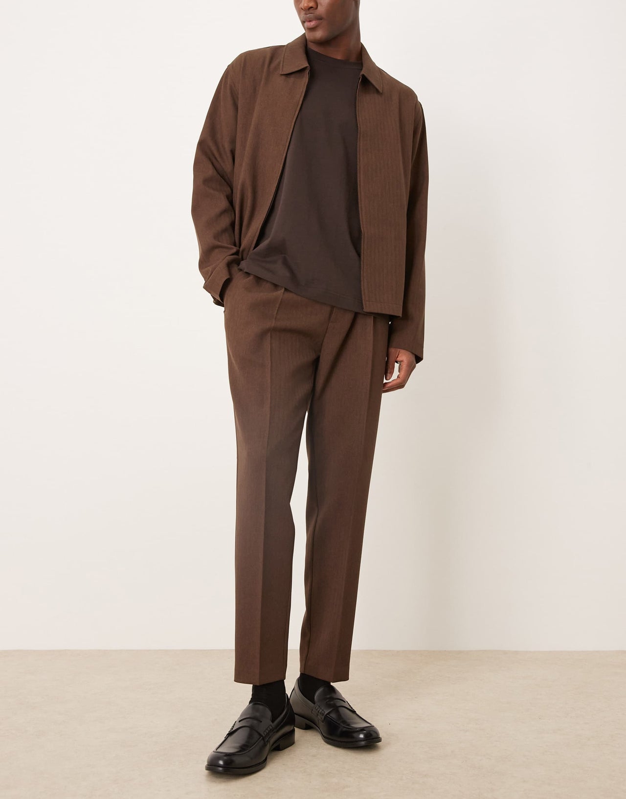 ASOS DESIGN smart co-ord tapered trousers in brown herringbone with elasticated waist