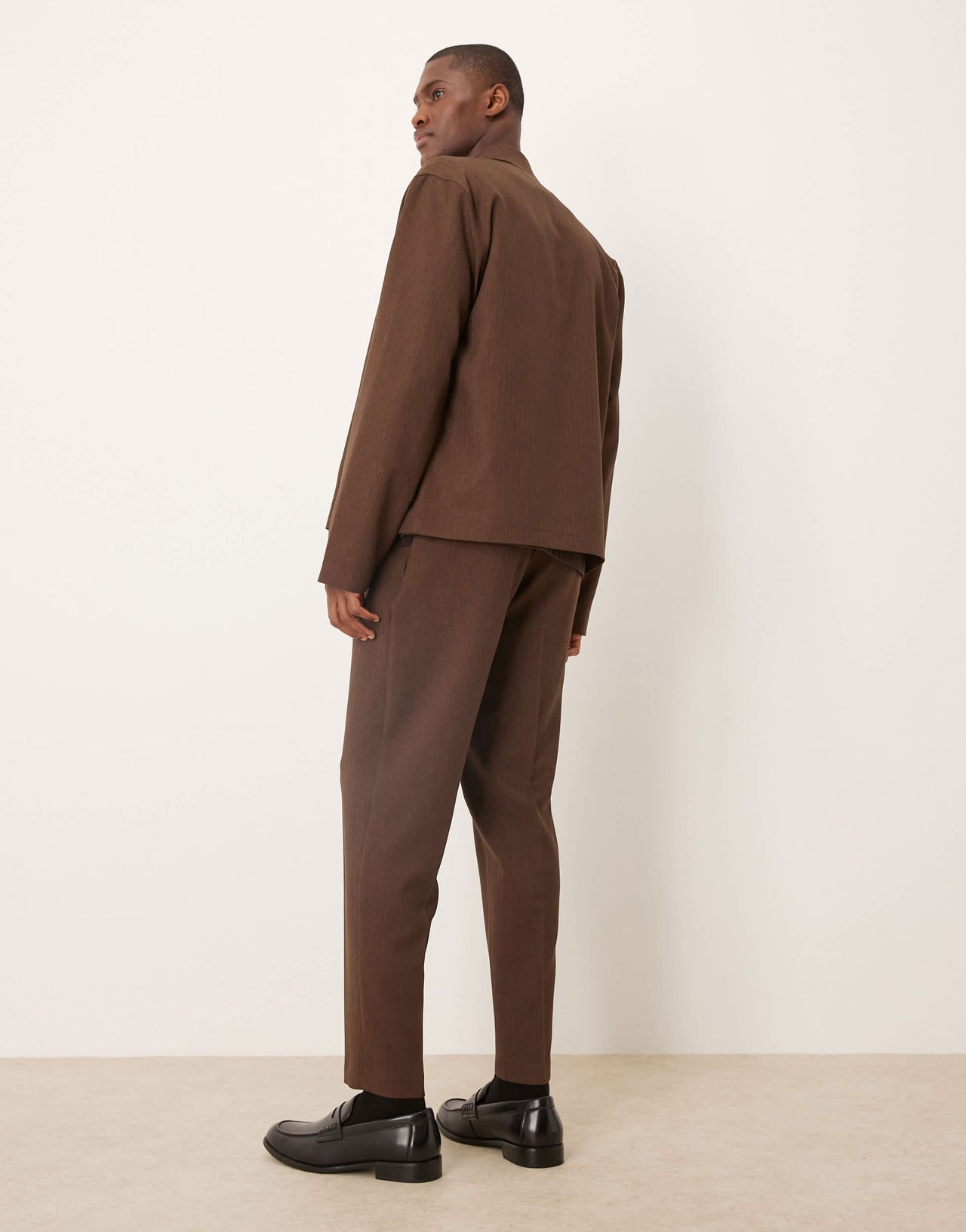 ASOS DESIGN smart co-ord tapered trousers in brown herringbone with elasticated waist
