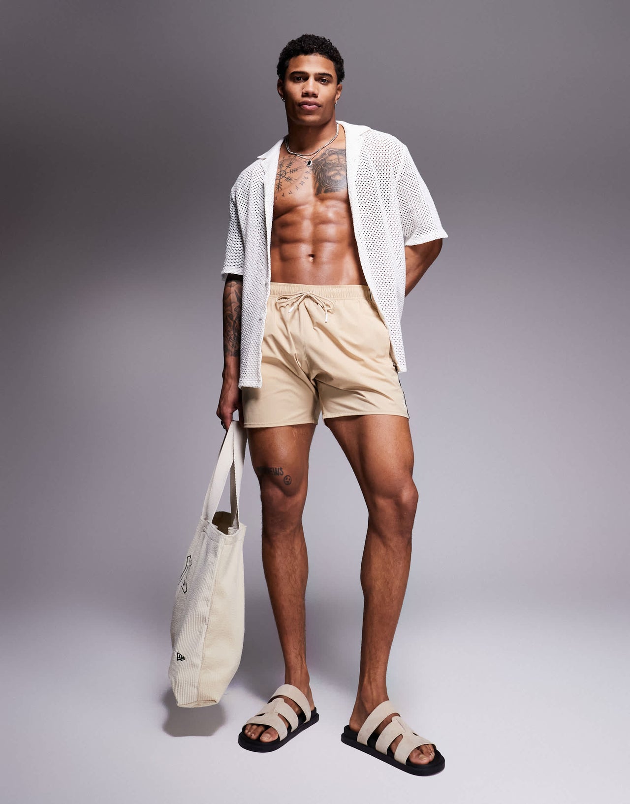 BOSS Iconic side stripe logo swim shorts  in light beige