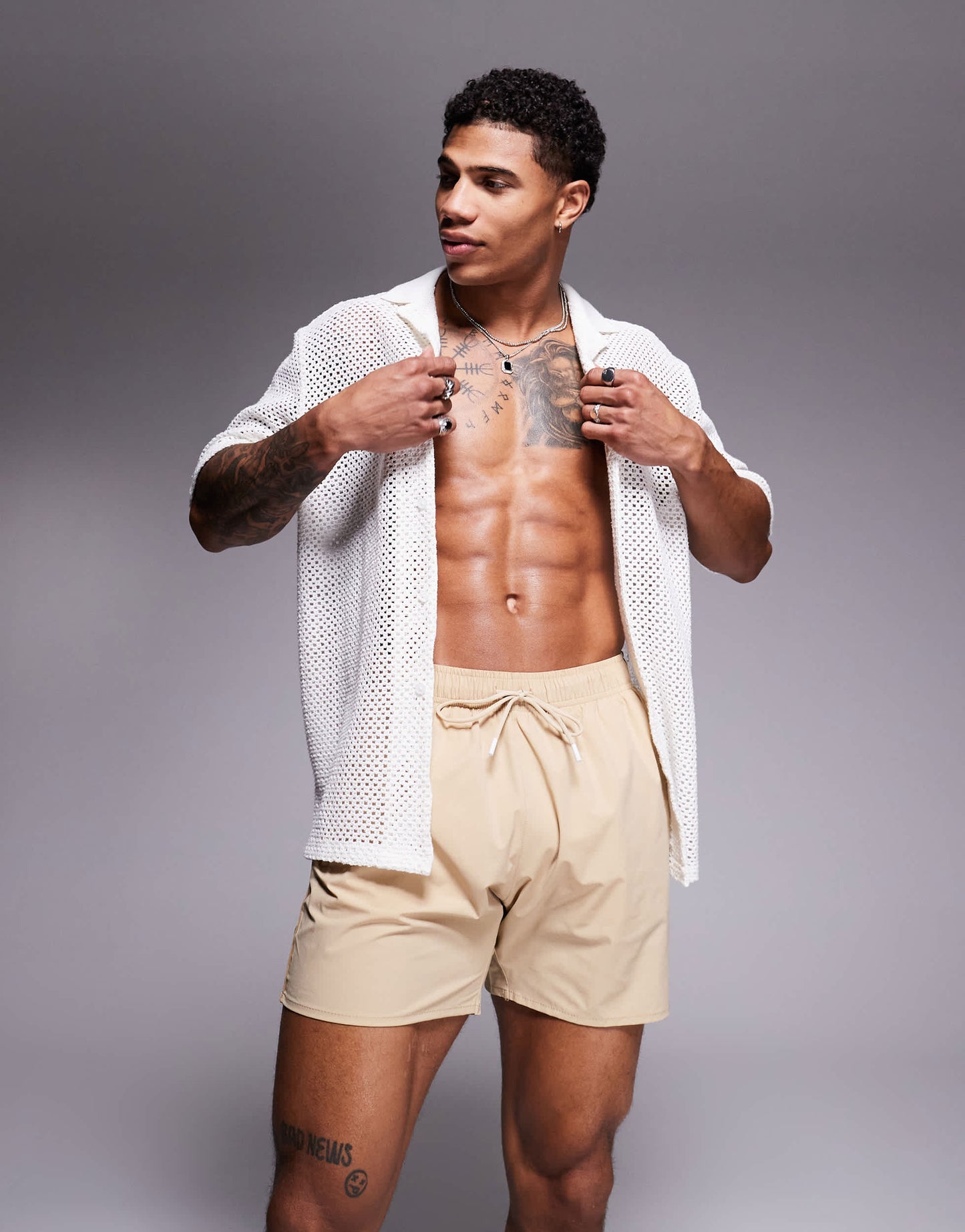 BOSS Iconic side stripe logo swim shorts  in light beige