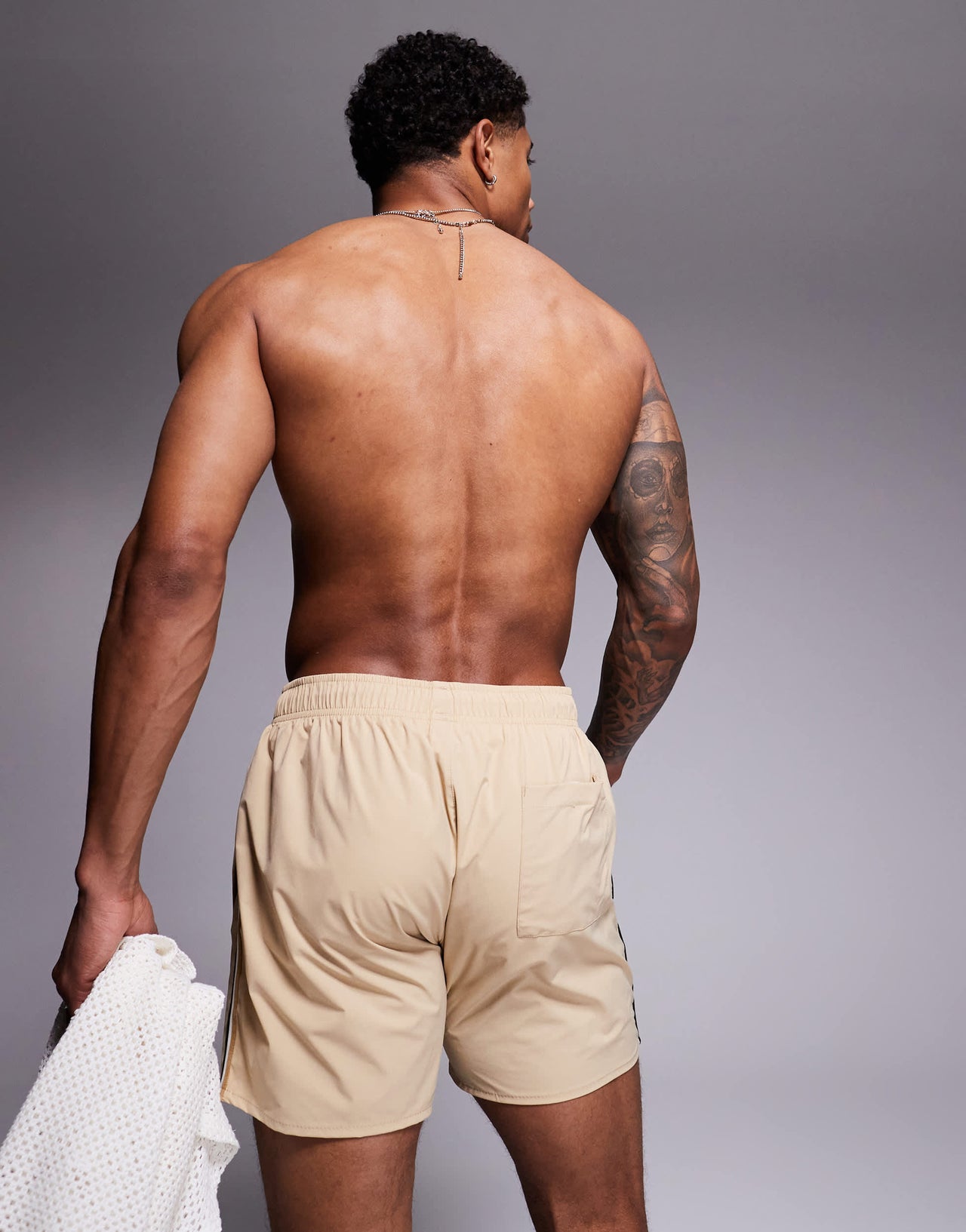 BOSS Iconic side stripe logo swim shorts  in light beige