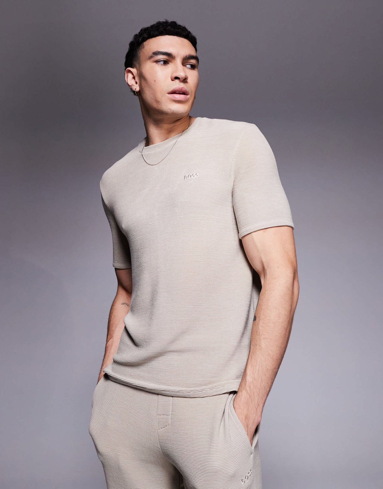 BOSS Bodywear Rib logo t-shirt regular fit in light beige CO-ORD