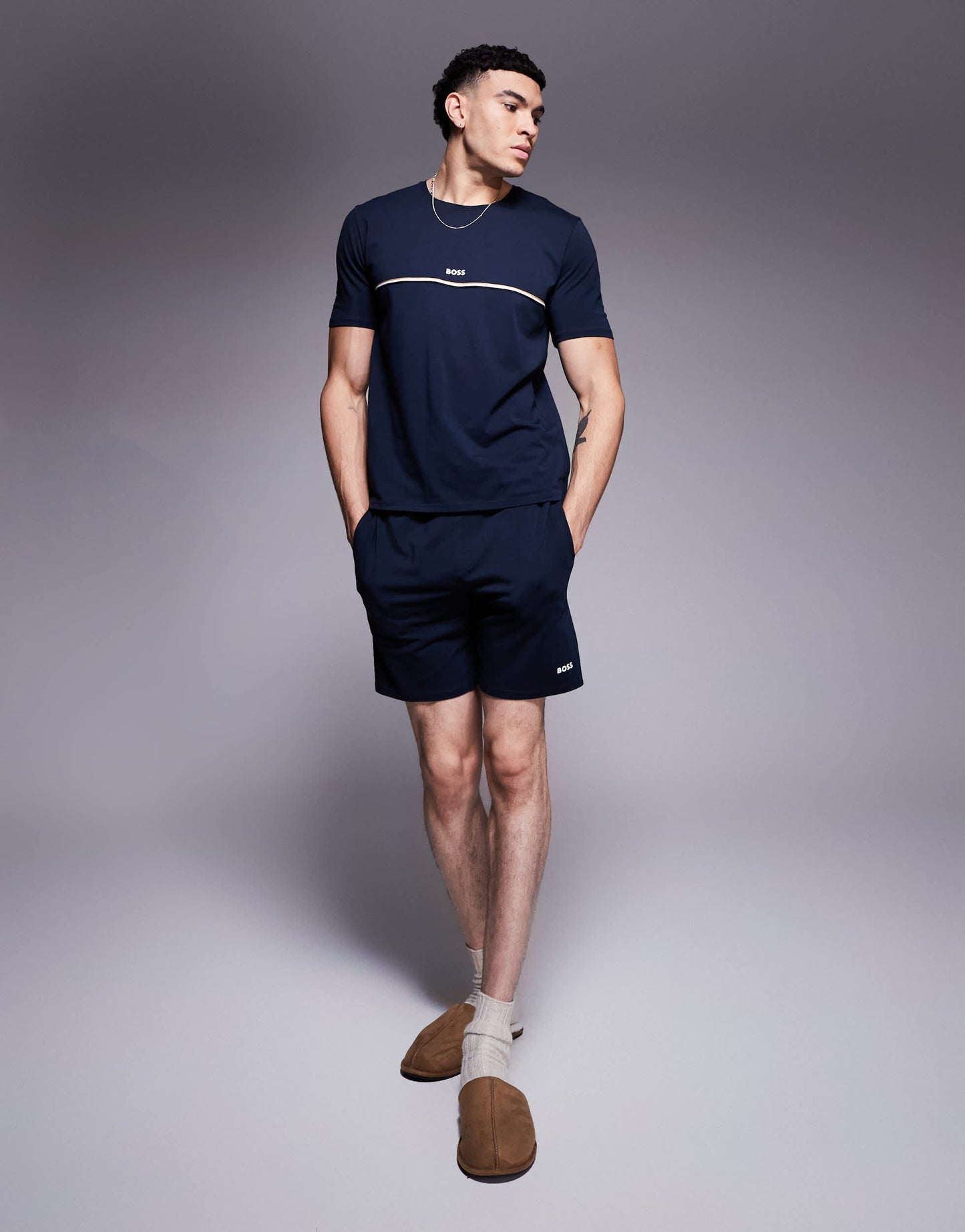 BOSS Bodywear Unique stripe logo t-shirt regular fit in navy