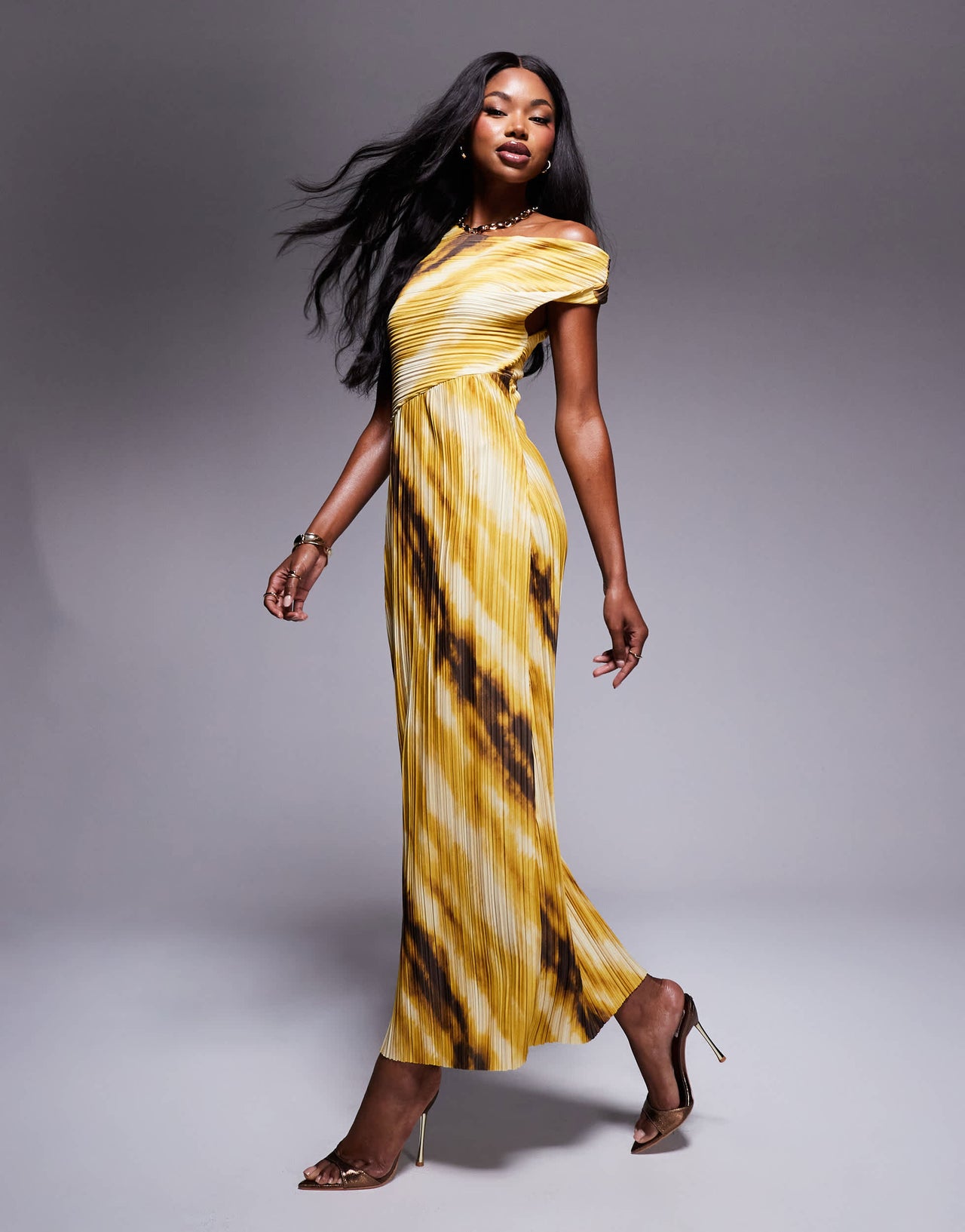 ASOS DESIGN plisse twist shoulder midaxi dress in yellow marble print