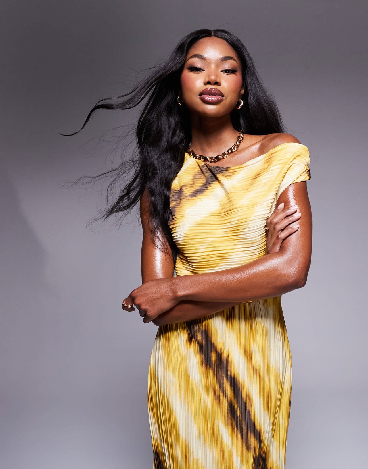 ASOS DESIGN plisse twist shoulder midaxi dress in yellow marble print