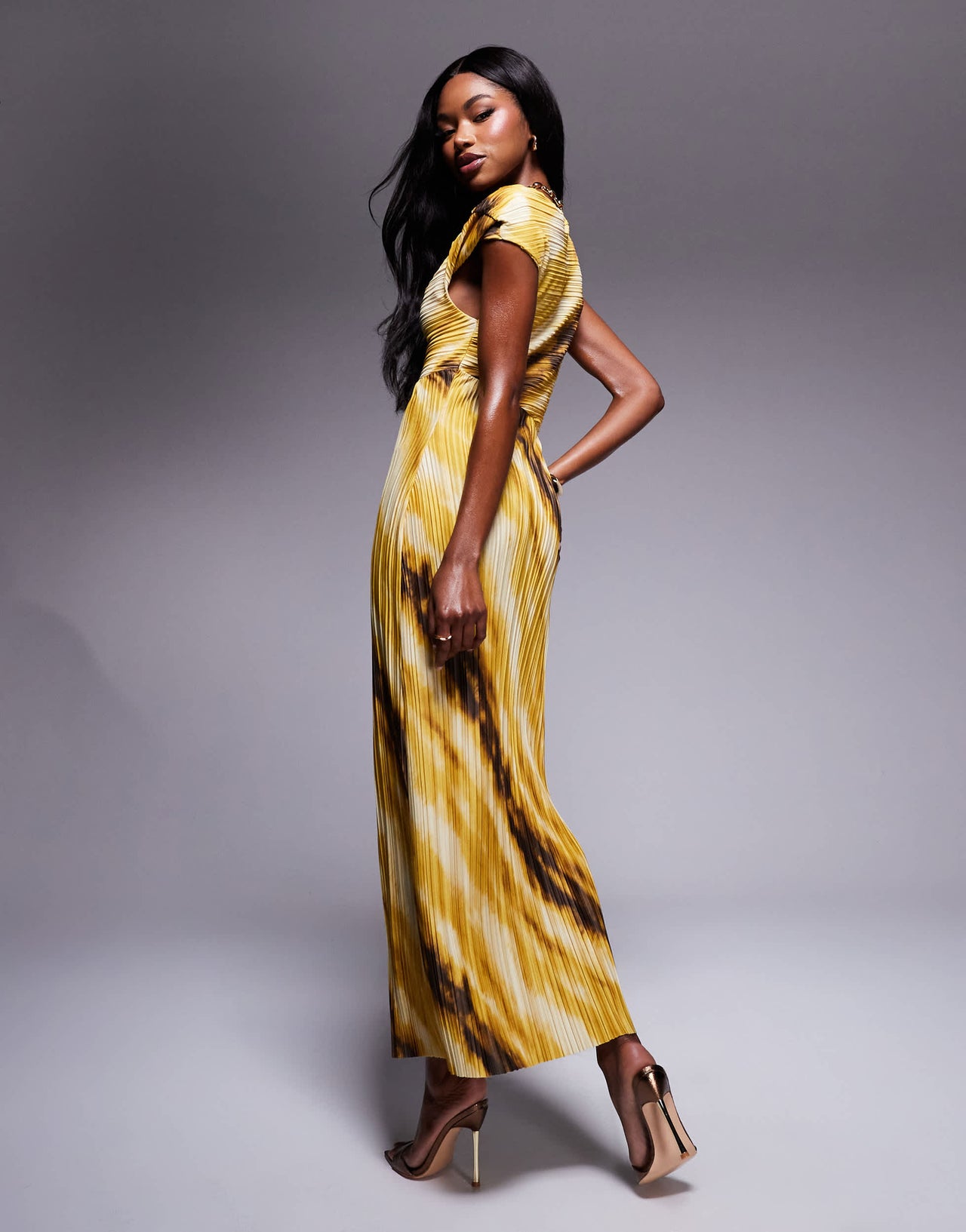 ASOS DESIGN plisse twist shoulder midaxi dress in yellow marble print