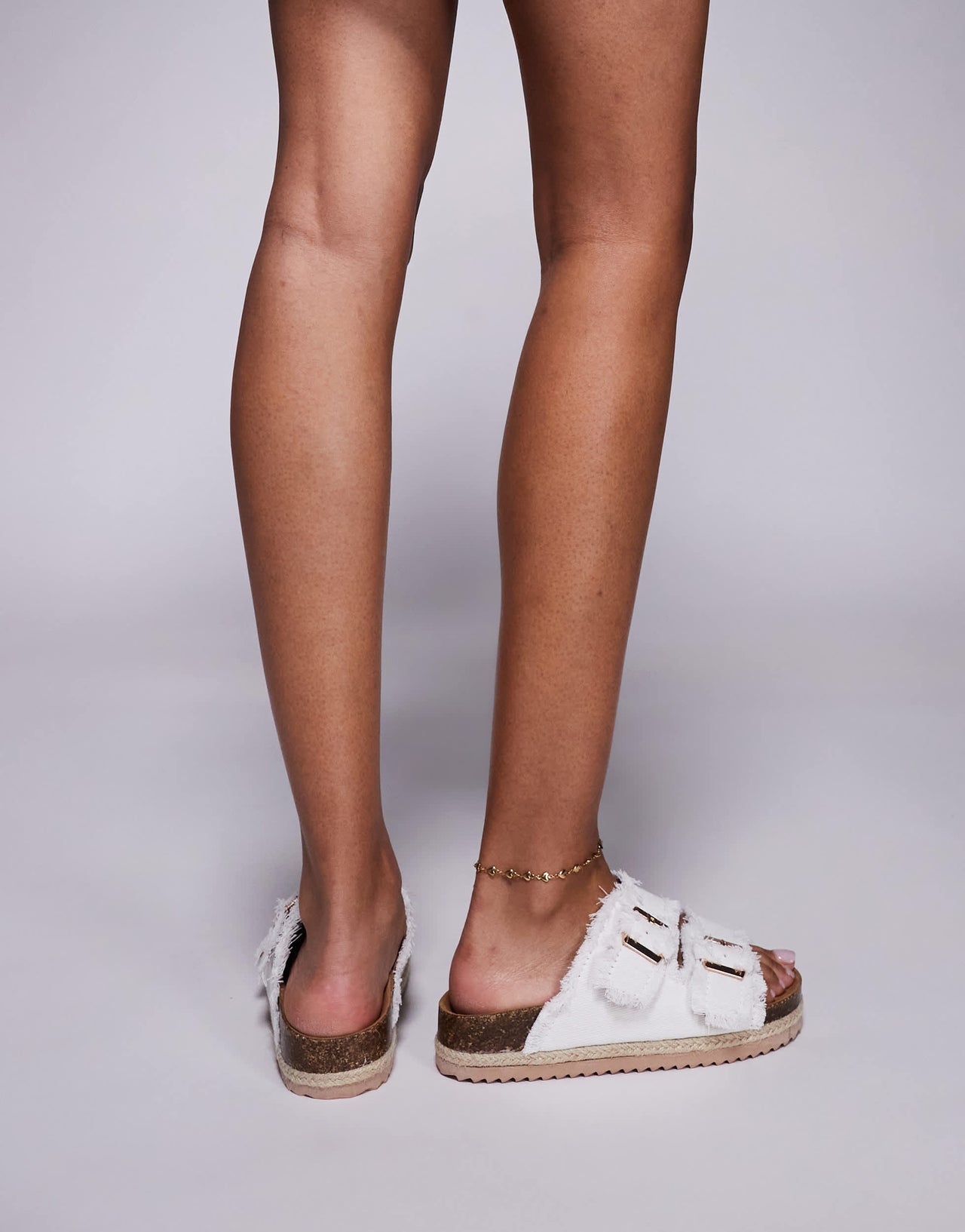 South Beach double buckle espadrille sandals in frayed white denim
