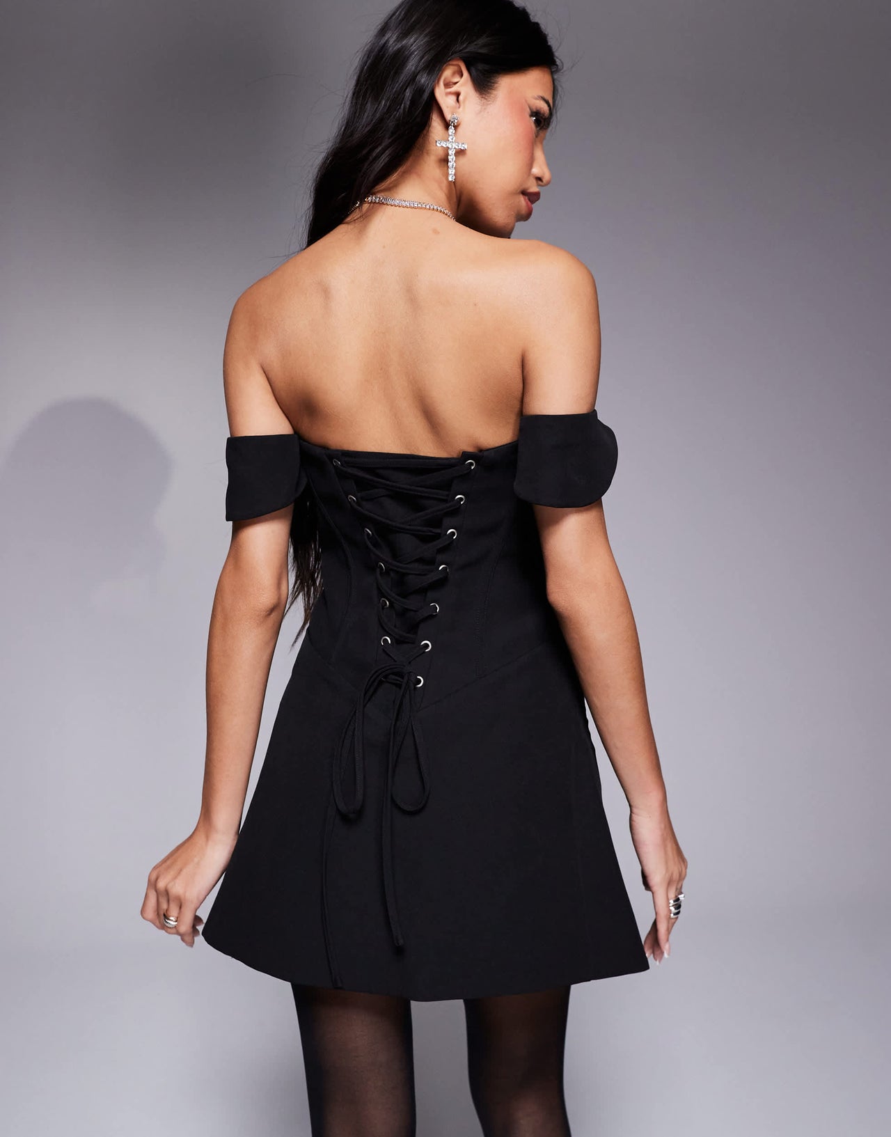 Murci shirred bust detail corset bardot lace up back mini dress in black