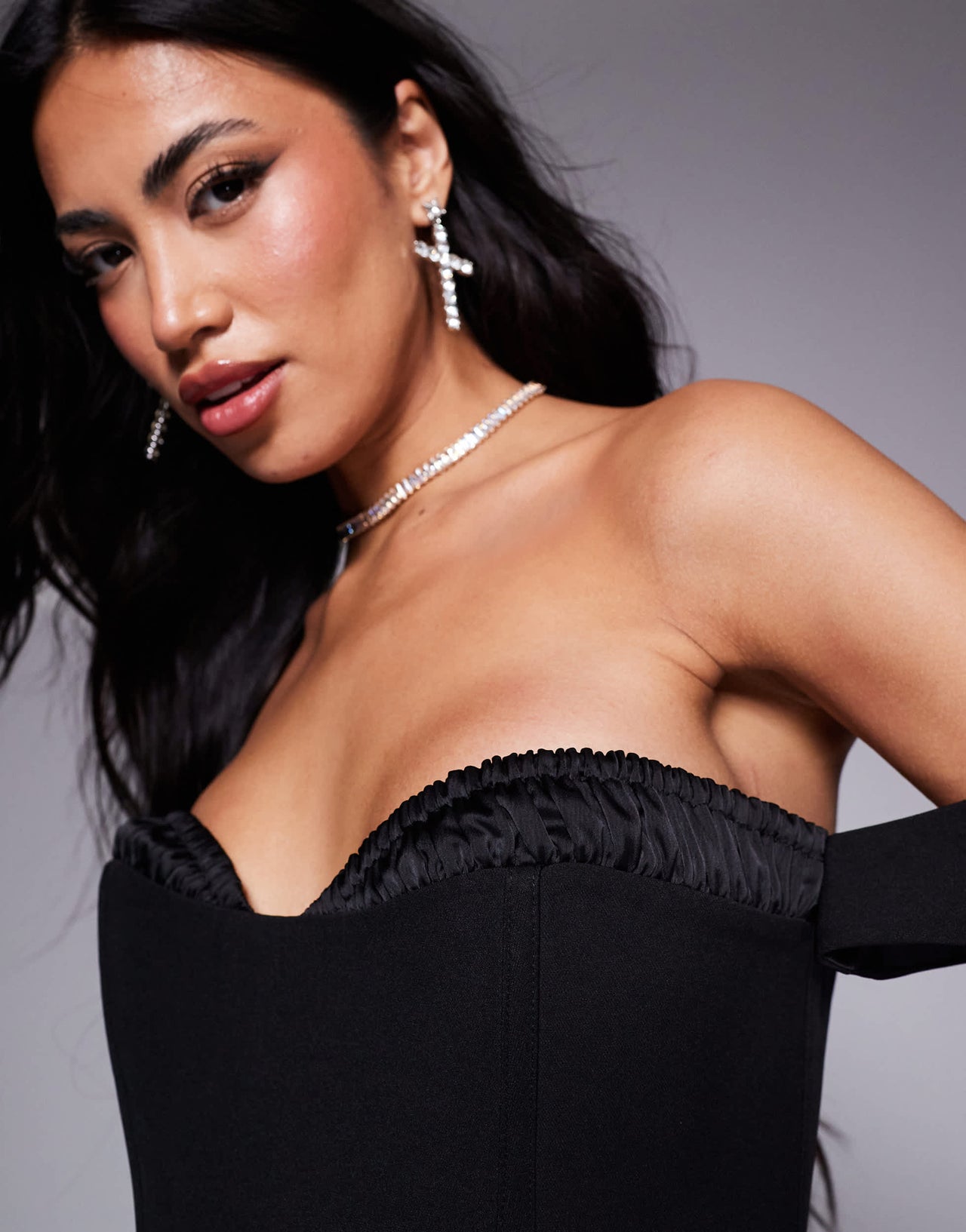 Murci shirred bust detail corset bardot lace up back mini dress in black