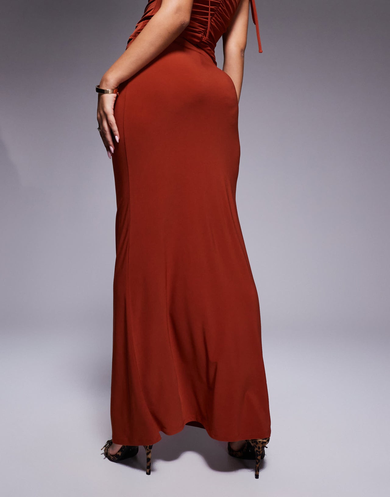 ASOS DESIGN co-ord slinky ruched front maxi skirt with front split in rust