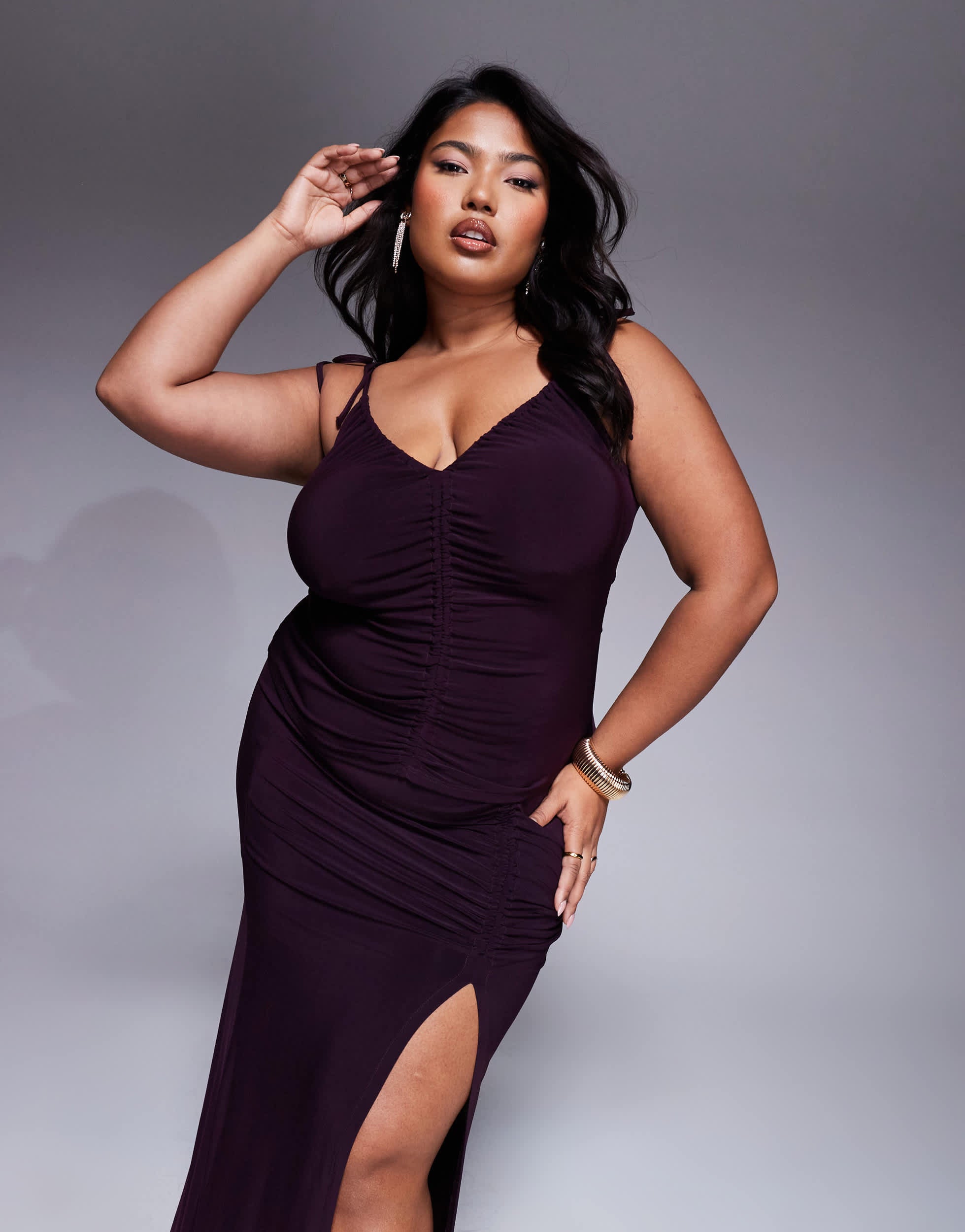 ASOS DESIGN Curve co-ord slinky ruched cami top in blackcurrant