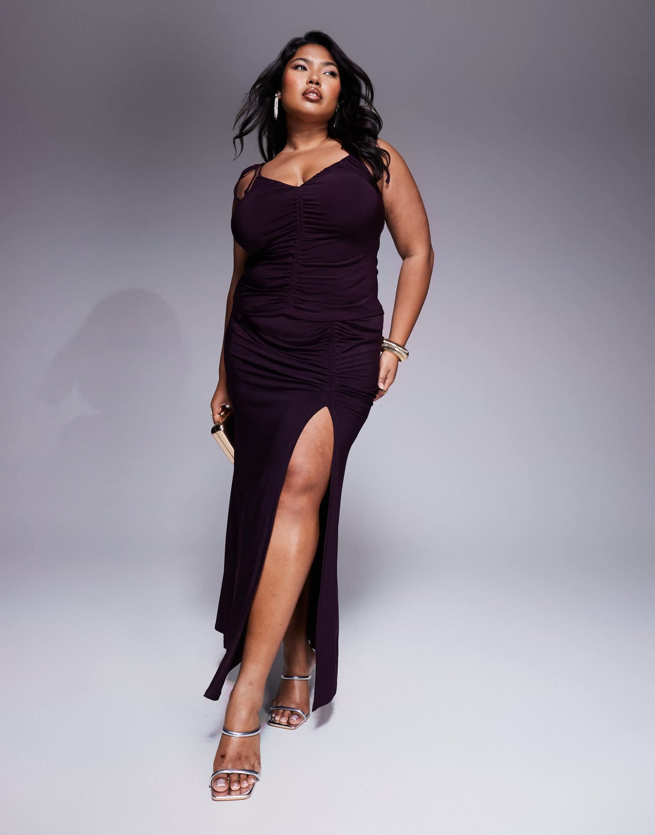 ASOS DESIGN Curve co-ord slinky ruched cami top in blackcurrant