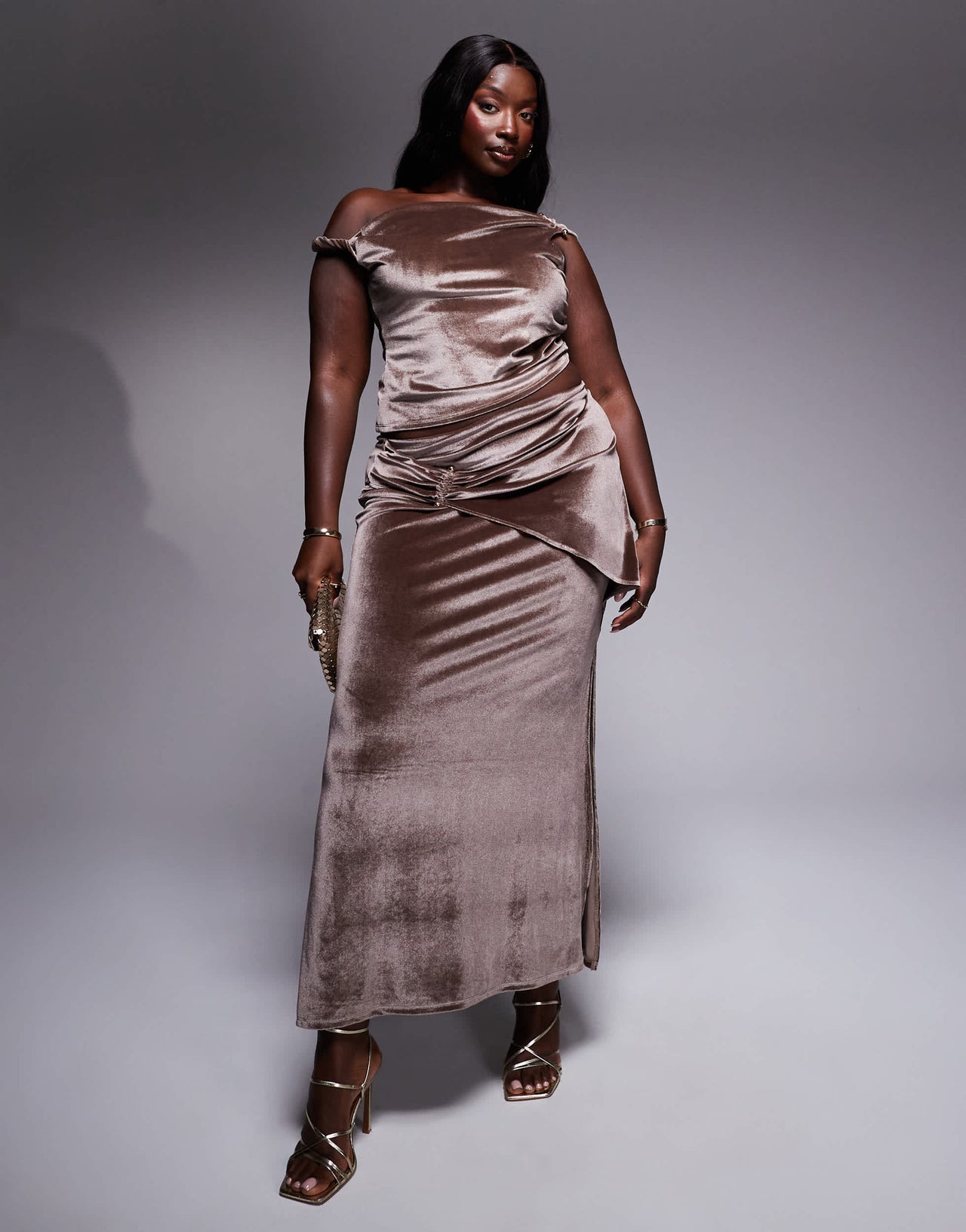 ASOS DESIGN Curve co-ord velvet twist off shoulder top with trim in mink