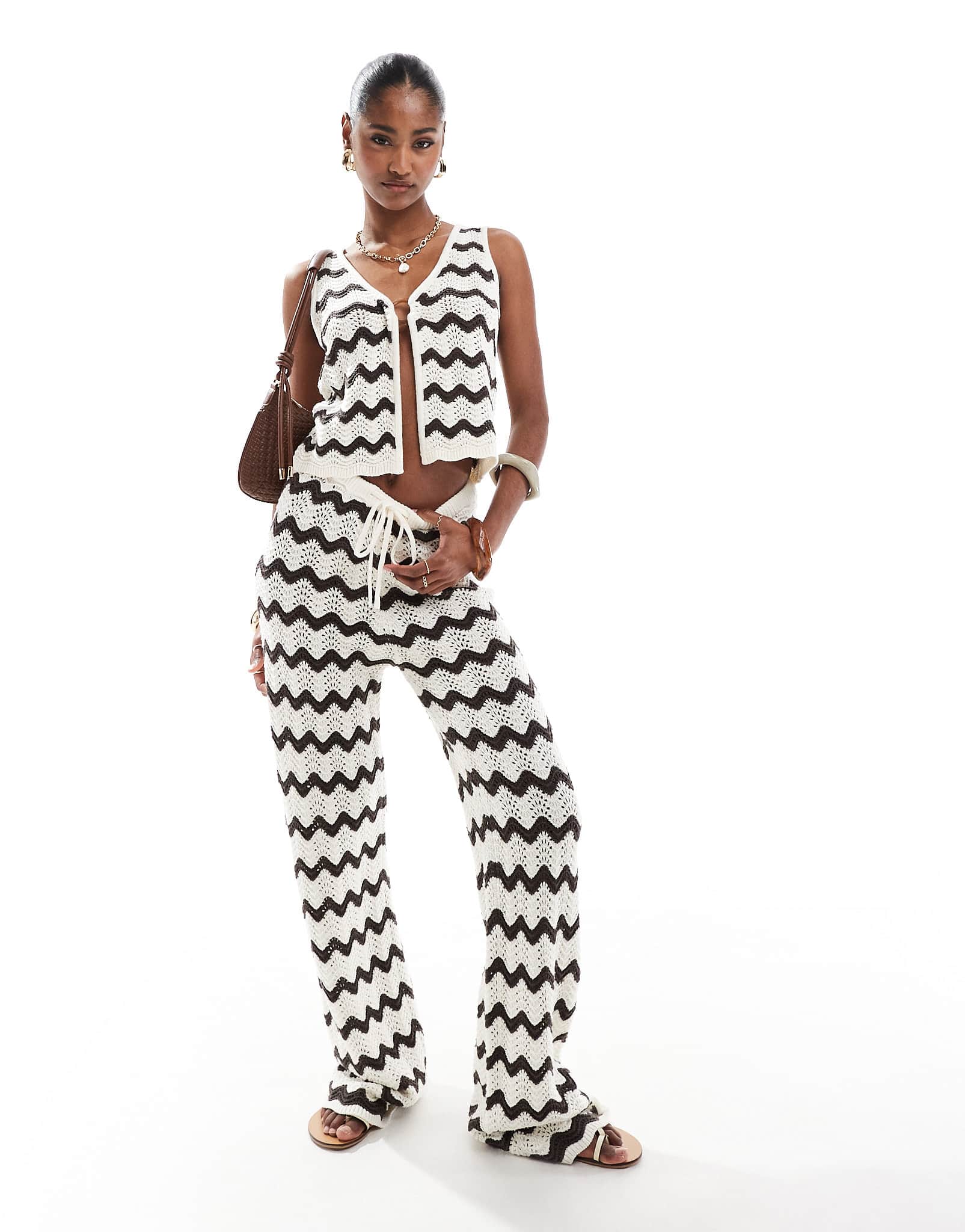 4th & Reckless wide leg crochet beach trouser co-ord in chocolate and cream wave