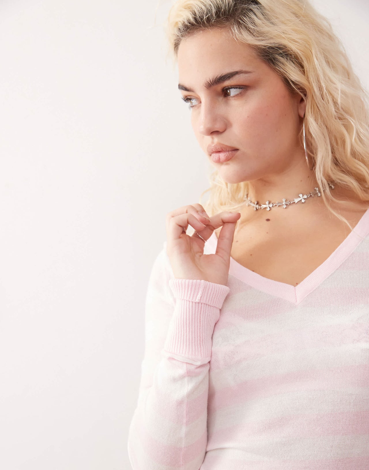Edikted v neck light knit top in pink and white stripe