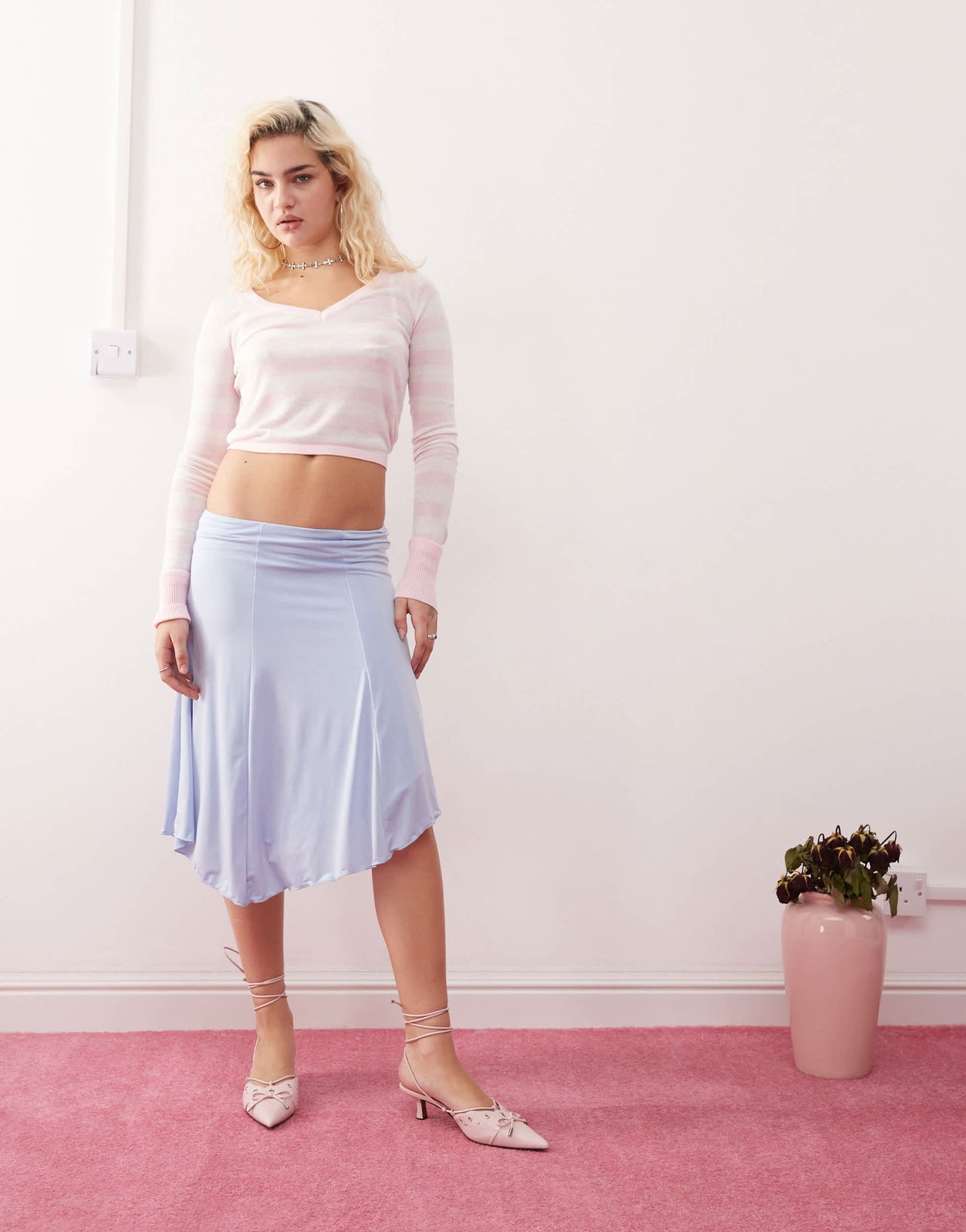 Edikted v neck light knit top in pink and white stripe