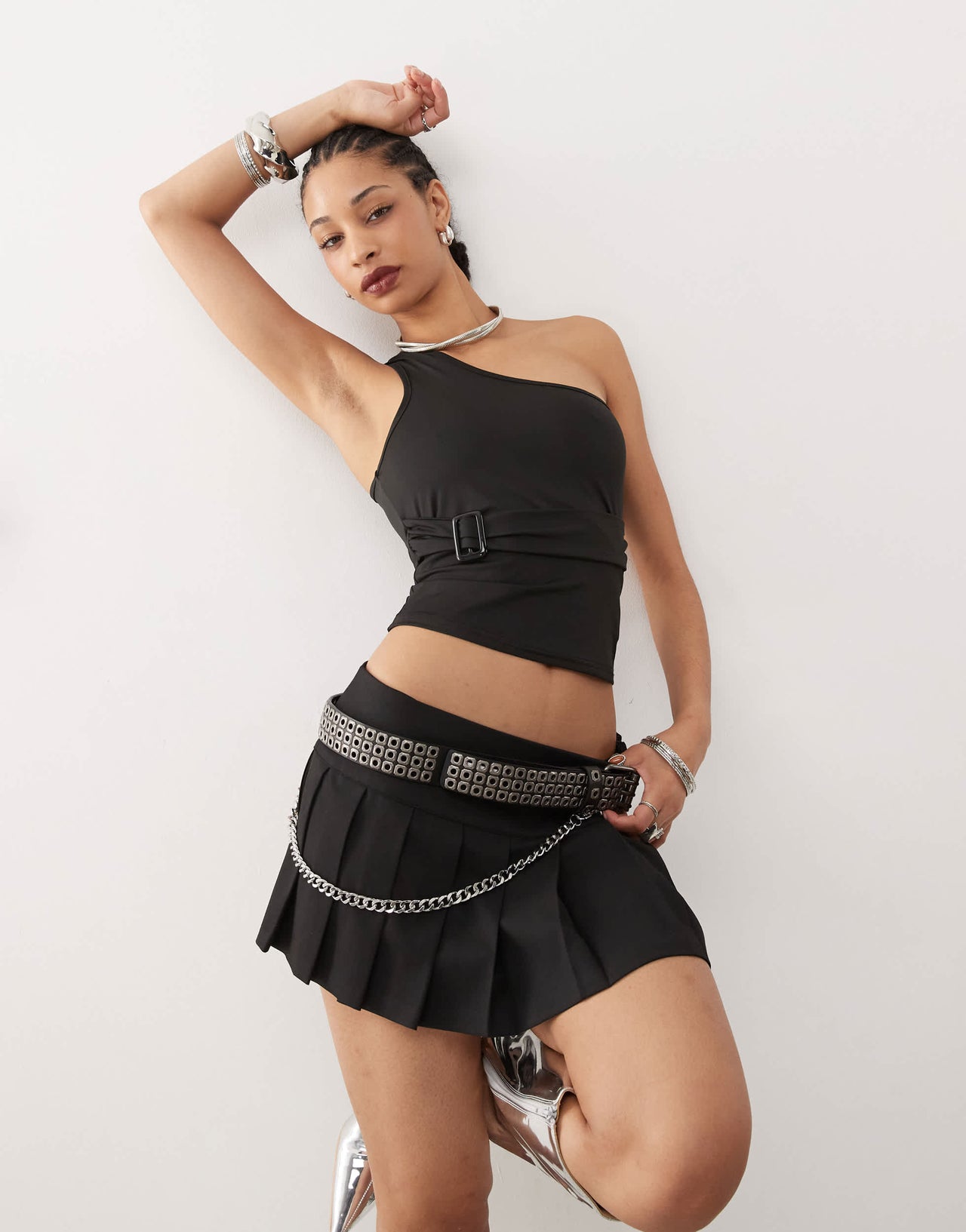 Edikted one shoulder top with buckle detail in black