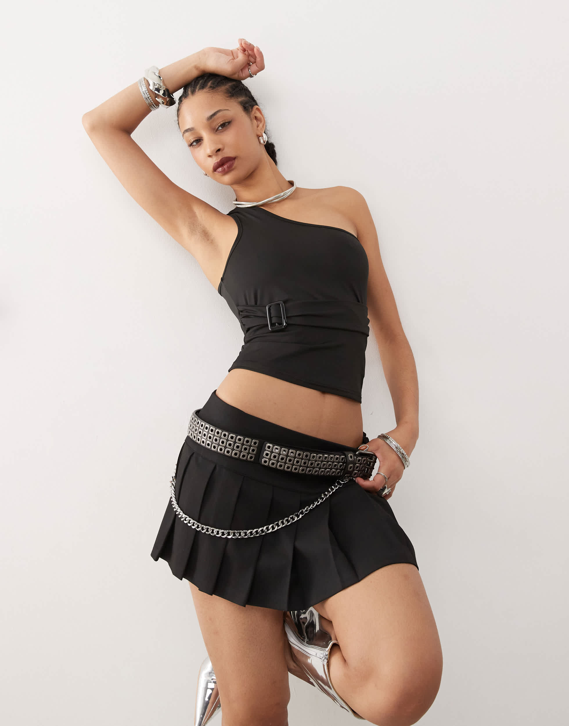Edikted one shoulder top with buckle detail in black