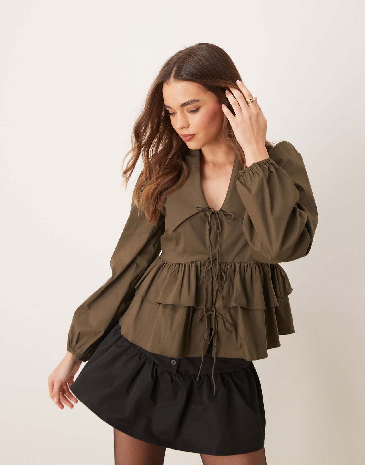 YAS tie front long sleeve tiered shirt in kalamanta green