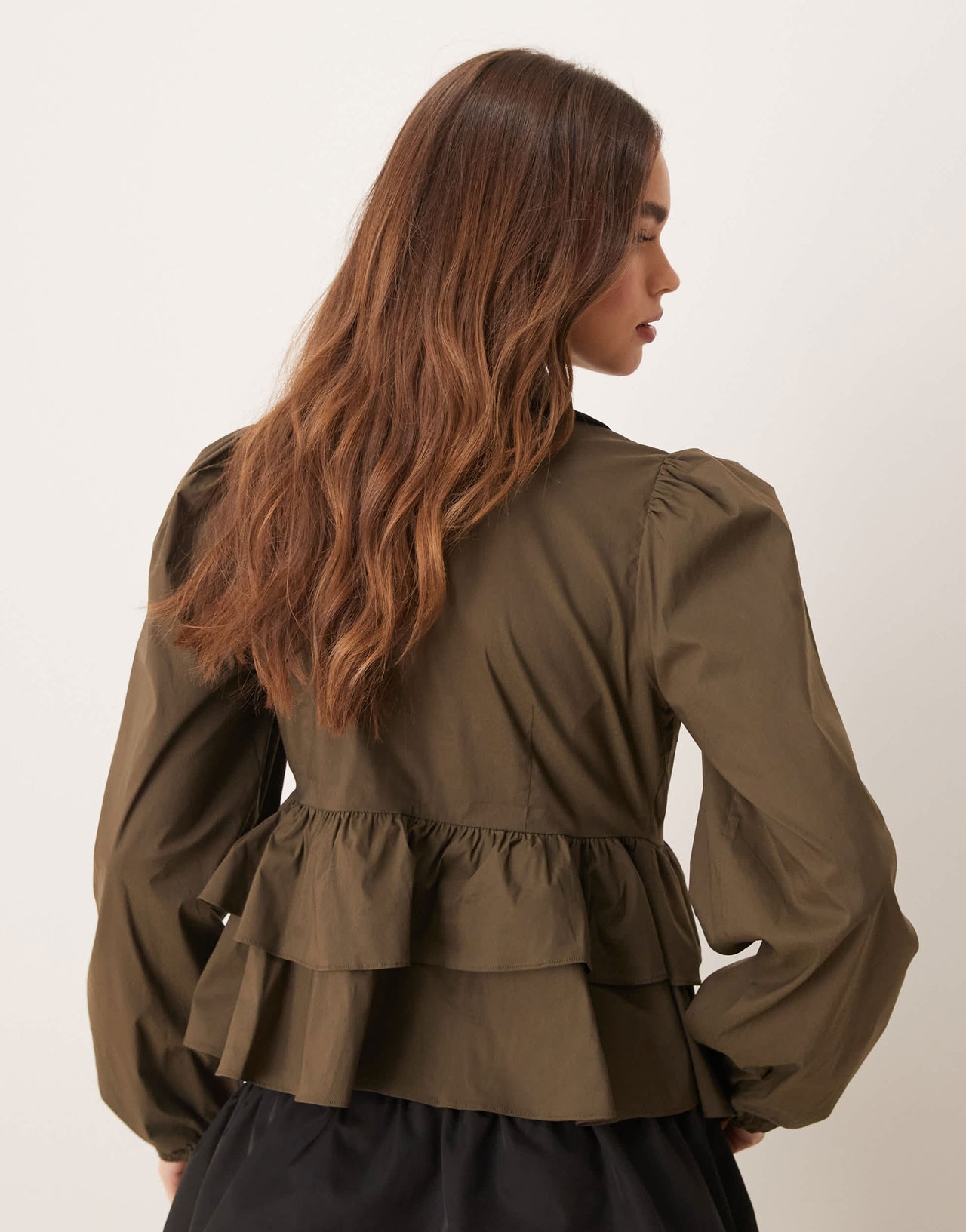 YAS tie front long sleeve tiered shirt in kalamanta green
