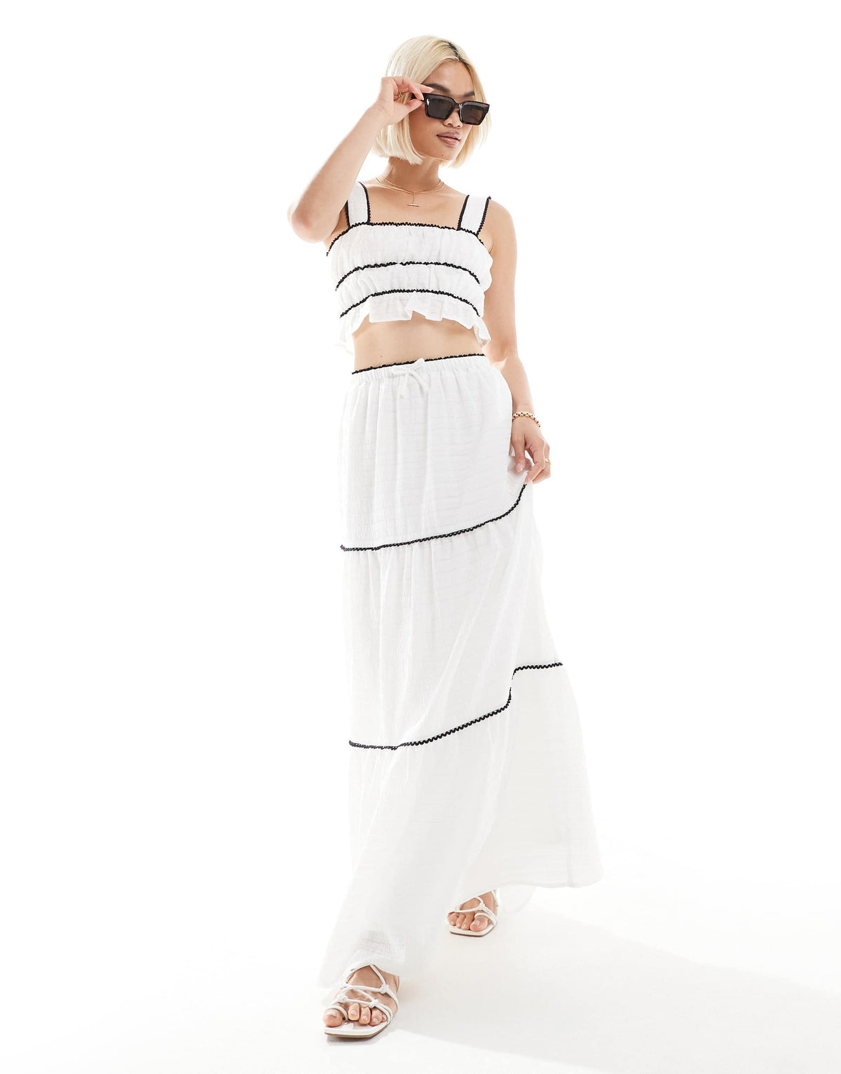 The Frolic exclusive tiered contrast lace trim beach maxi skirt co-ord in mono