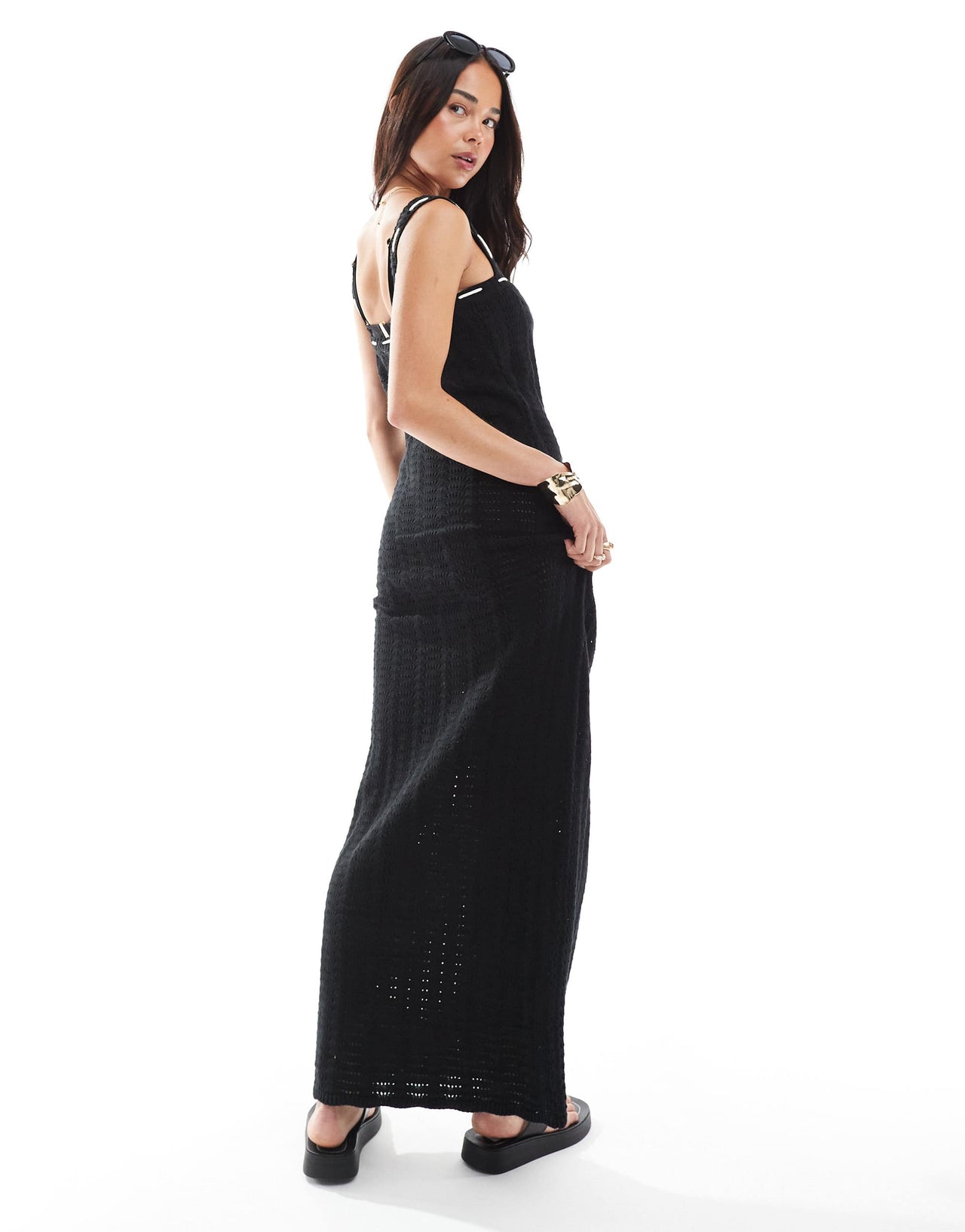 The Frolic exclusive square neck contrast tie front detail crochet maxi beach dress in black