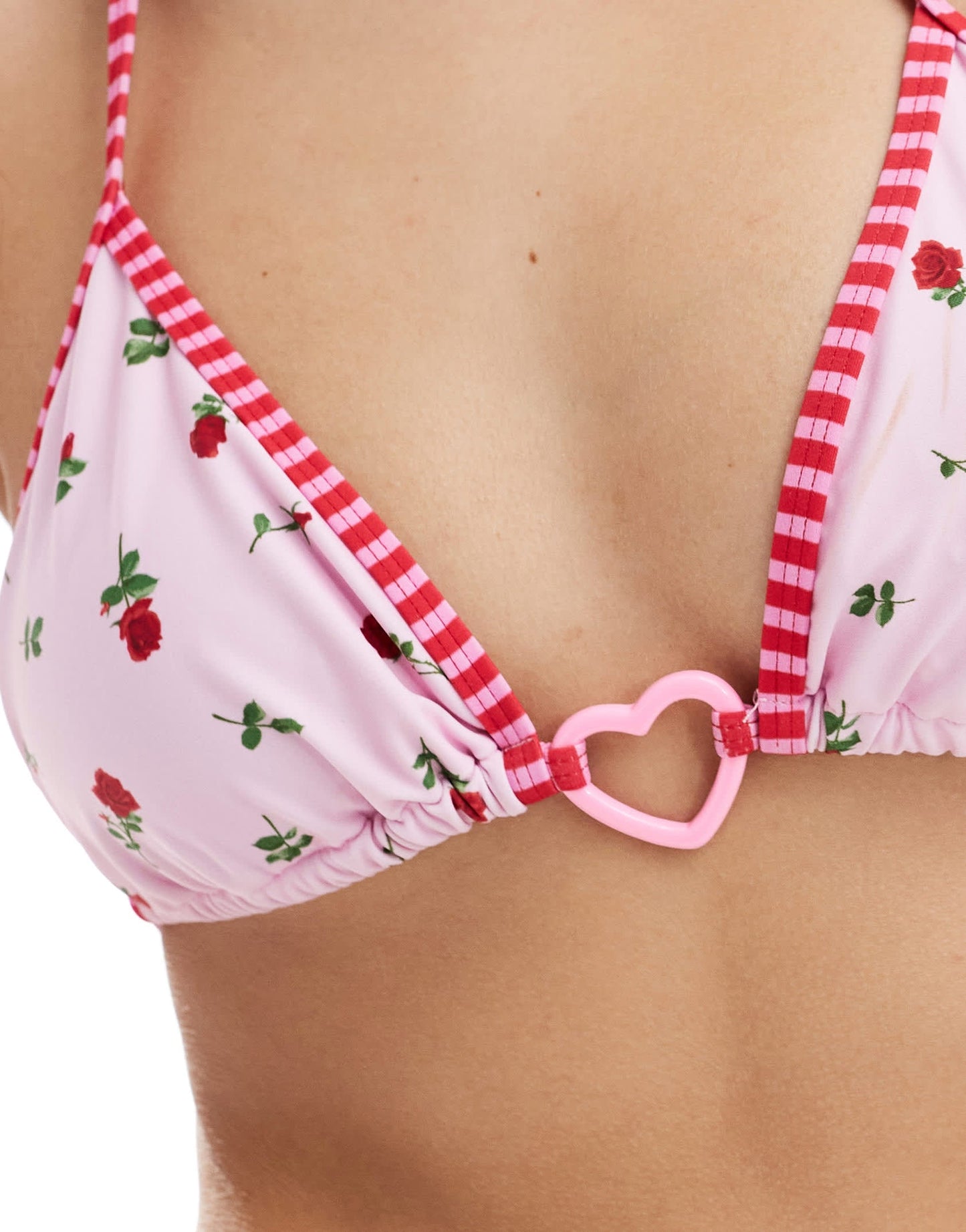 The Frolic exclusive halterneck contrast trim heart detail triangle bikini top co-ord in pink ditsy floral
