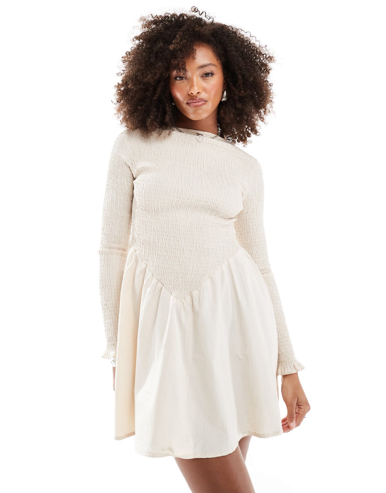 ASOS DESIGN shirred long sleeve mini dress in stone