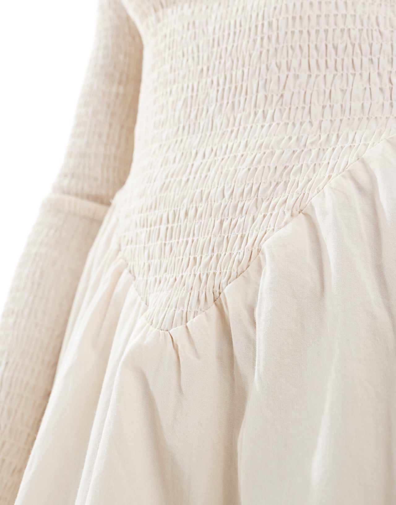 ASOS DESIGN shirred long sleeve mini dress in stone