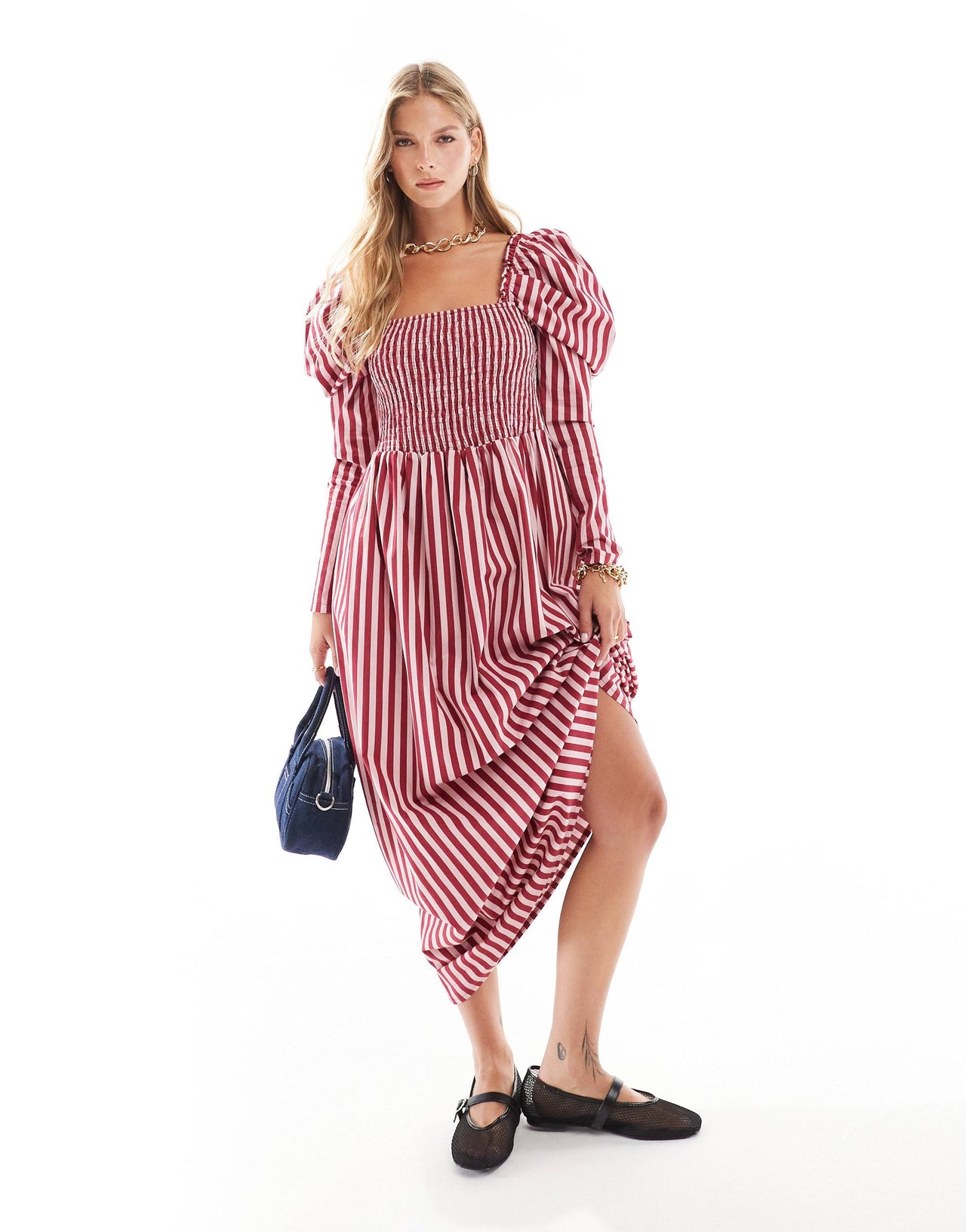 ASOS DESIGN poplin shirred midaxi dress in pink stripe