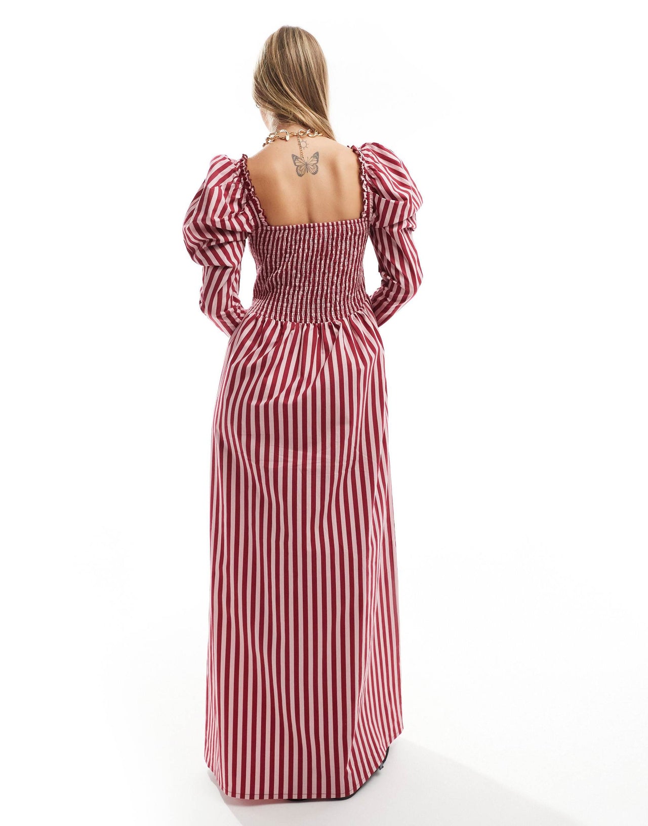 ASOS DESIGN poplin shirred midaxi dress in pink stripe