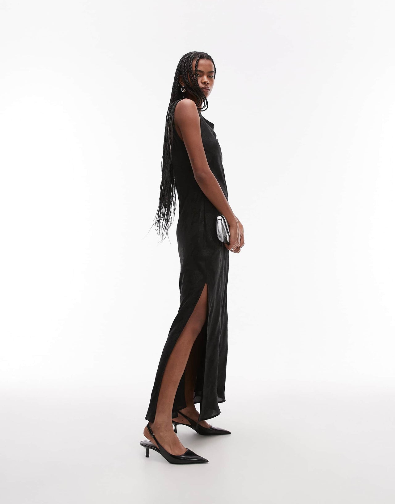 Topshop drape side maxi dress in black blownout jacquard