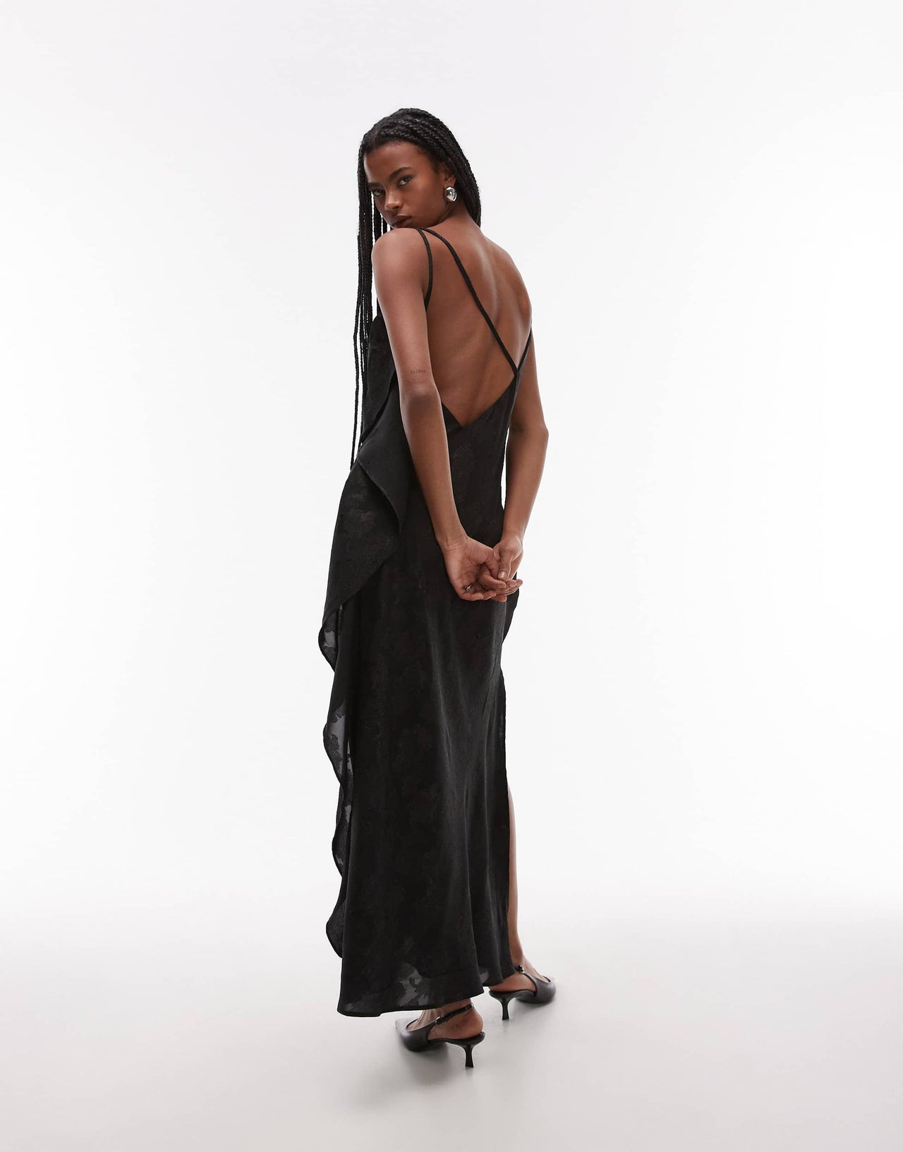 Topshop drape side maxi dress in black blownout jacquard
