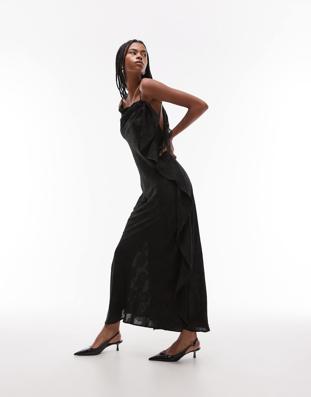 Topshop drape side maxi dress in black blownout jacquard