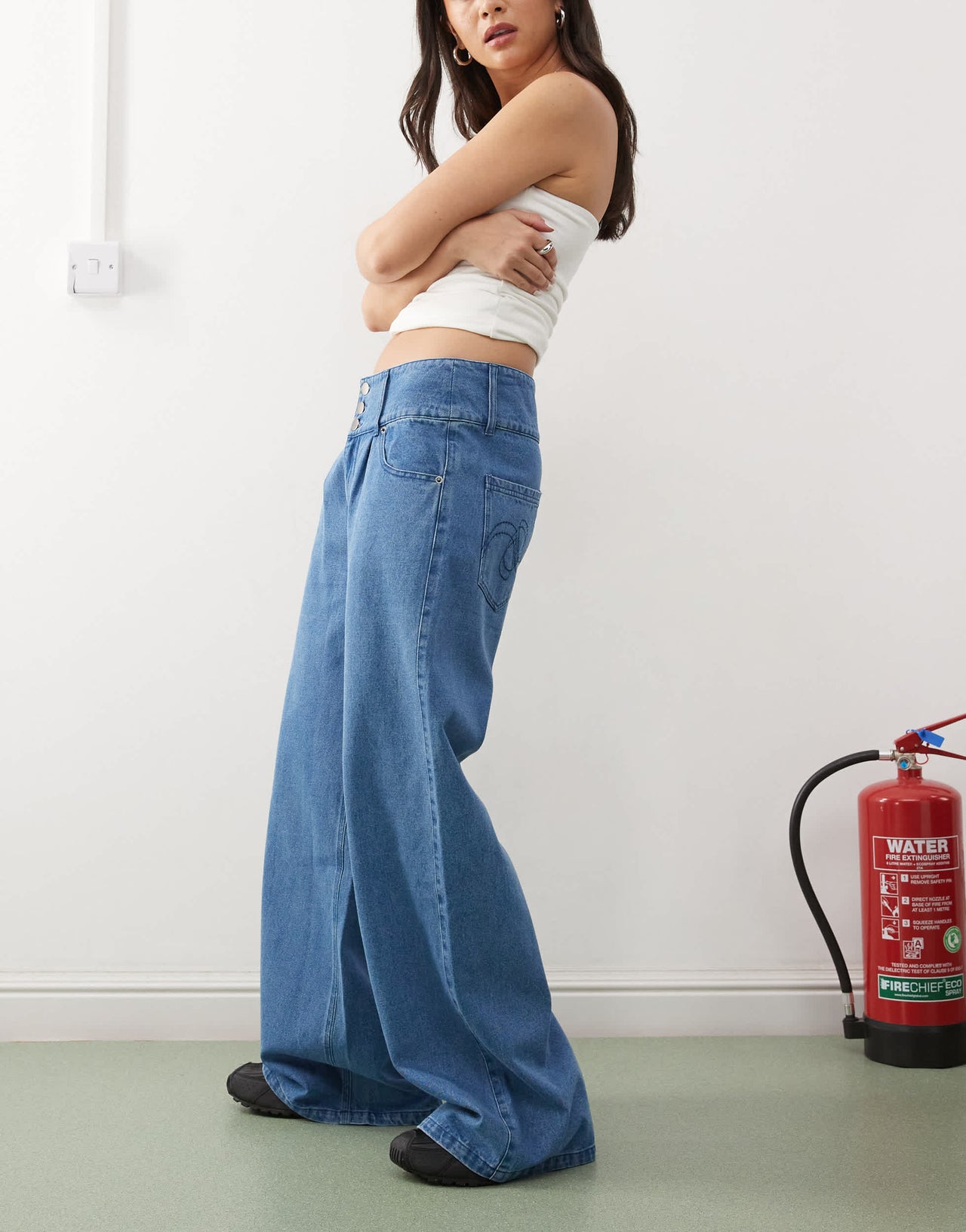 Heretic Nine extra wide leg denim jeans in mid blue